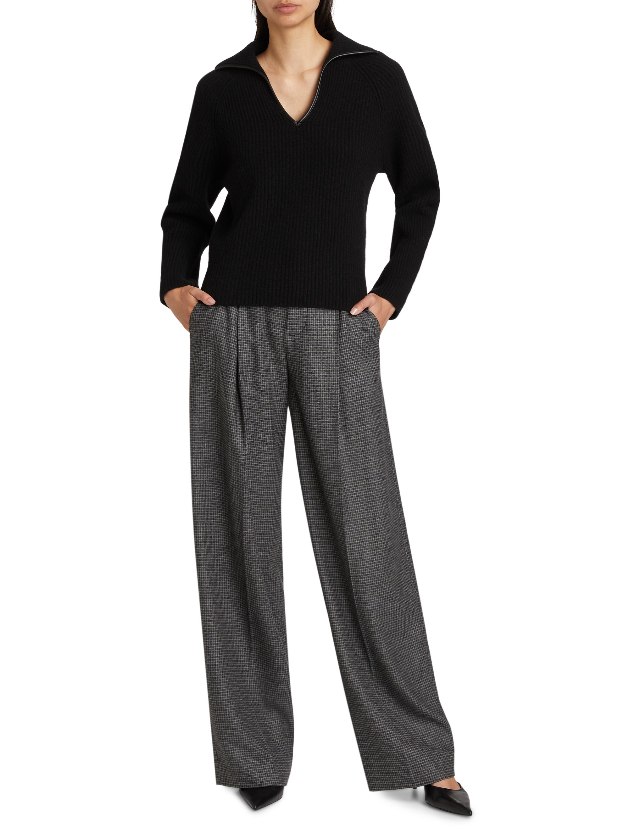 Vince Leather-Trim Rib-Knit Polo Sweater | Saks Fifth Avenue