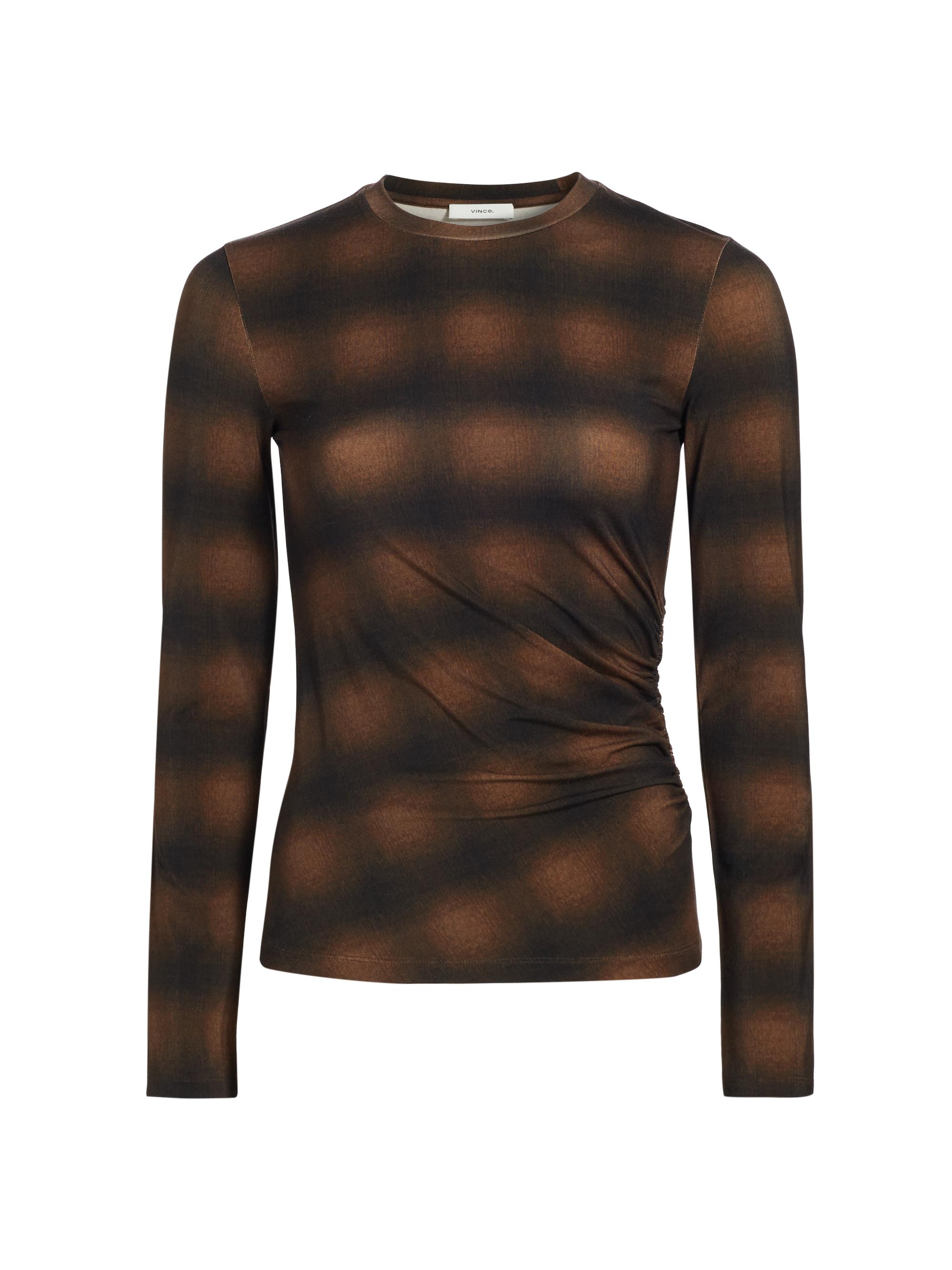 Vince Women's Plaid Side-Drape Long-Sleeve Crewneck Top - Deep Walnut Combo
