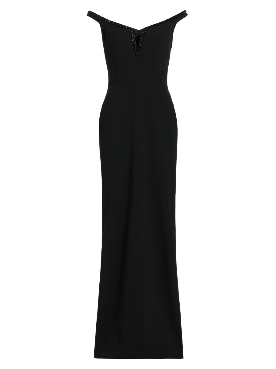 Pamella Roland ドレス　ワンピース　ブラック Pamella Roland Sequined Split V-Neck Crêpê Gown | Saks Fifth
