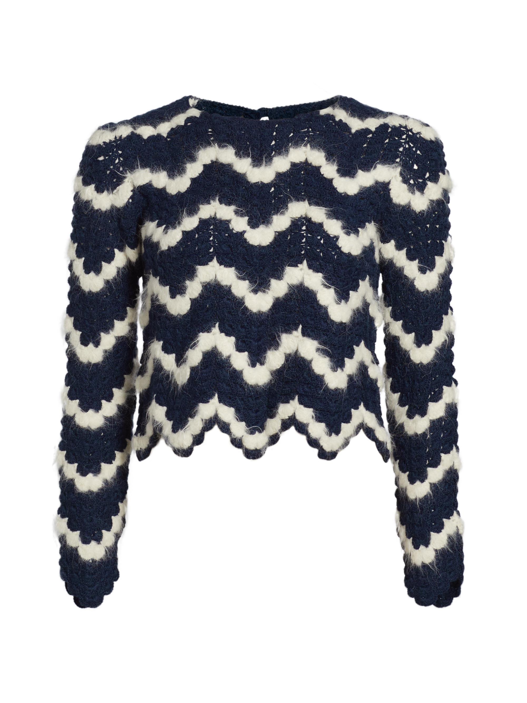 Escvdo Women's Safi Striped Alpaca Long-Sleeve Crochet Top -  Navy