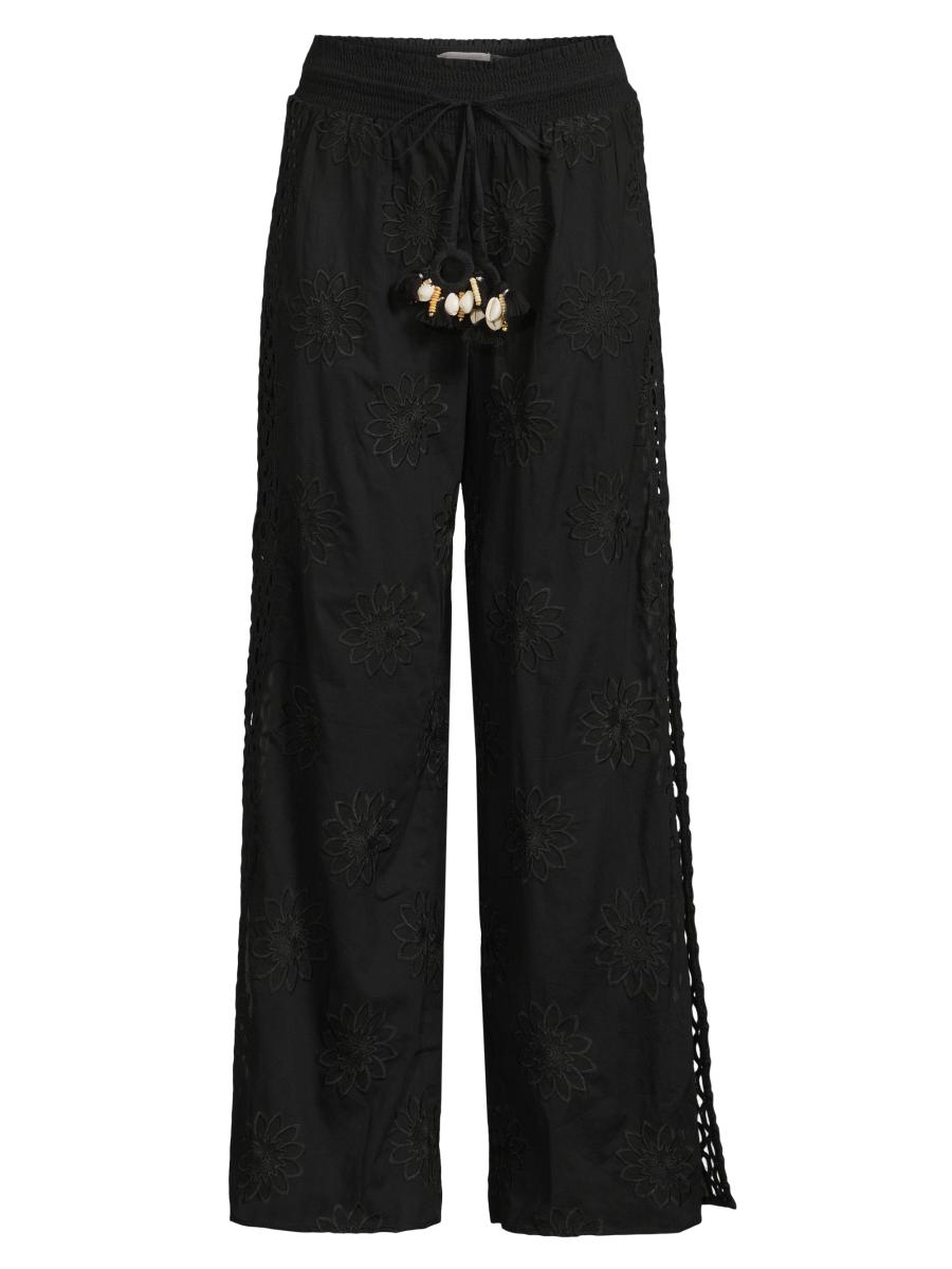 Ramy Brook Women's Milan Floral Cotton Drawstring Wide-leg Pants In Black