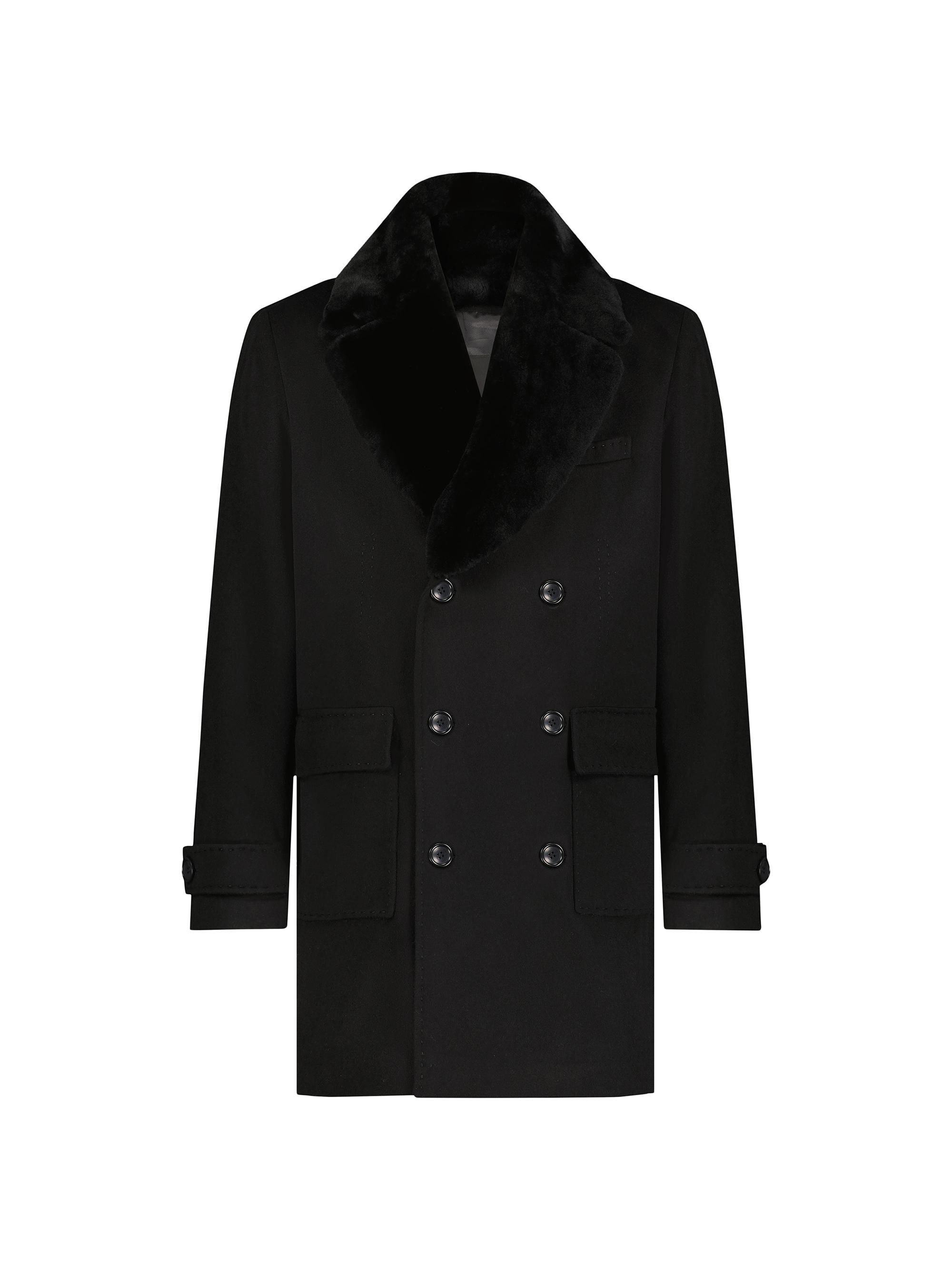 Gorski Men's Loro Piana Wool Short Coat with Detachable Merino Shearling Lamb Collar - Black