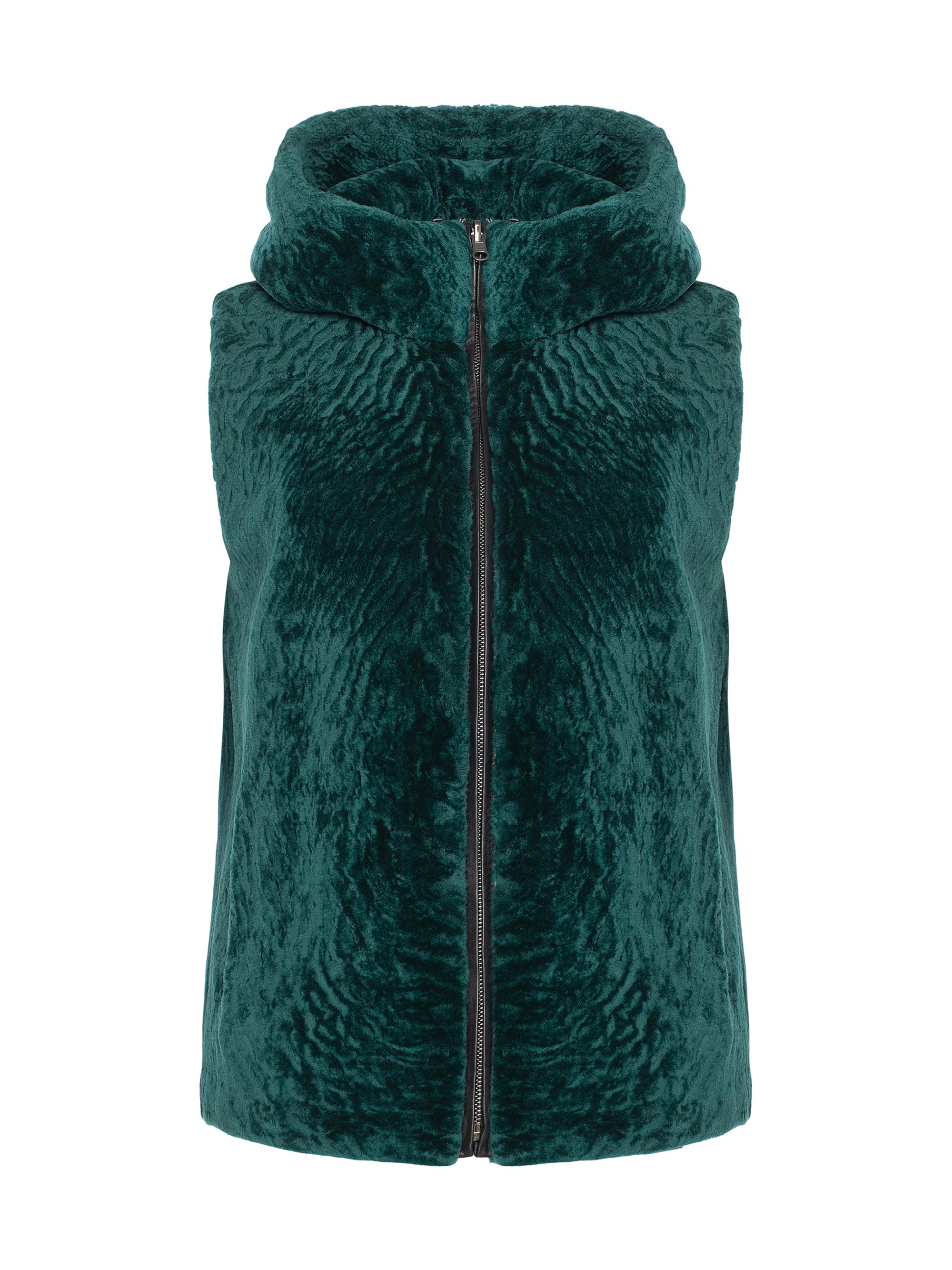 Gorski Women's Shearling Lamb Vest Hooded Reversible to Taffeta - Emerald