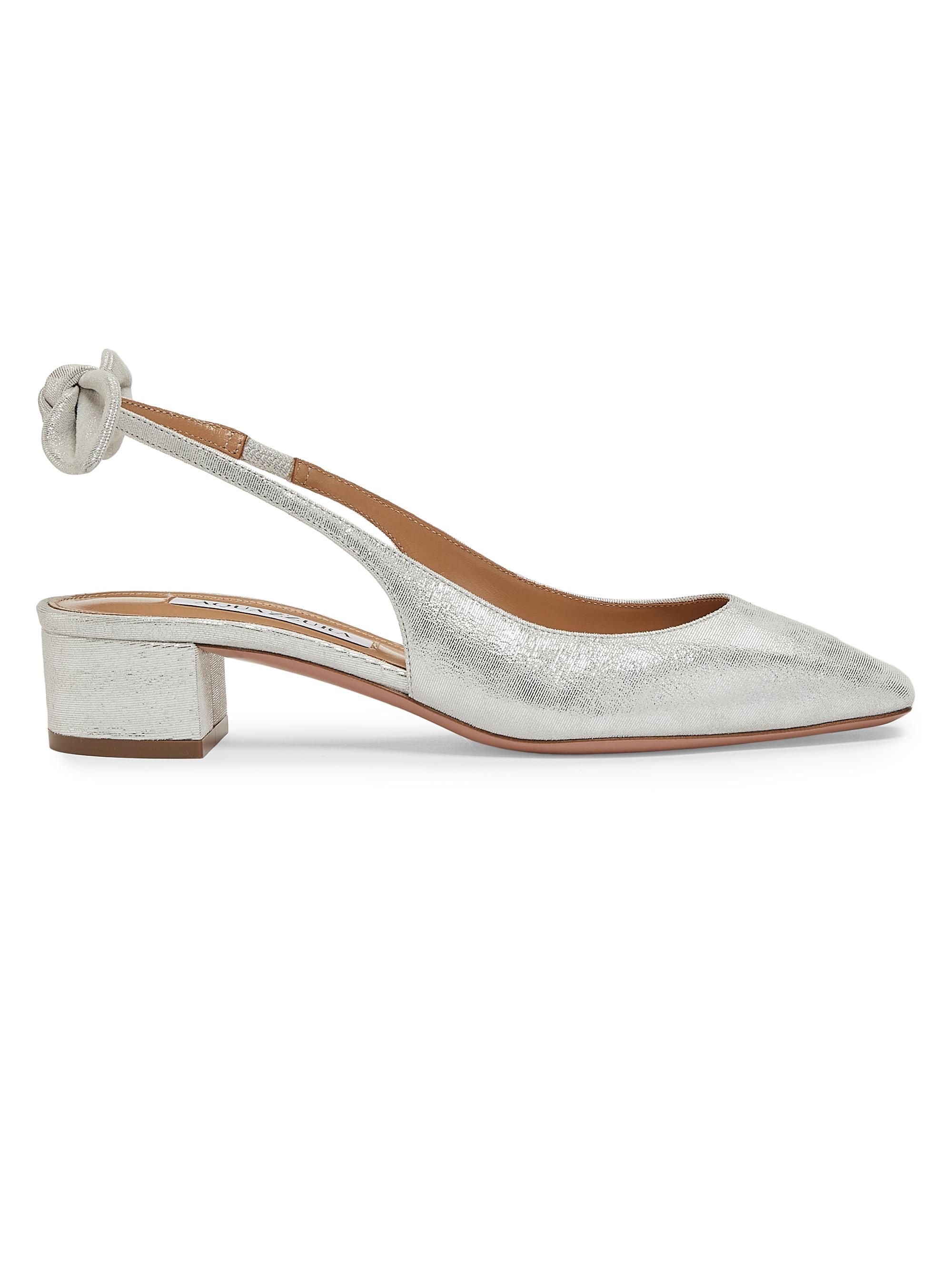 Aquazzura Women's Very Bow-Tie 35MM Metallic Leather Slingbacks - Silver