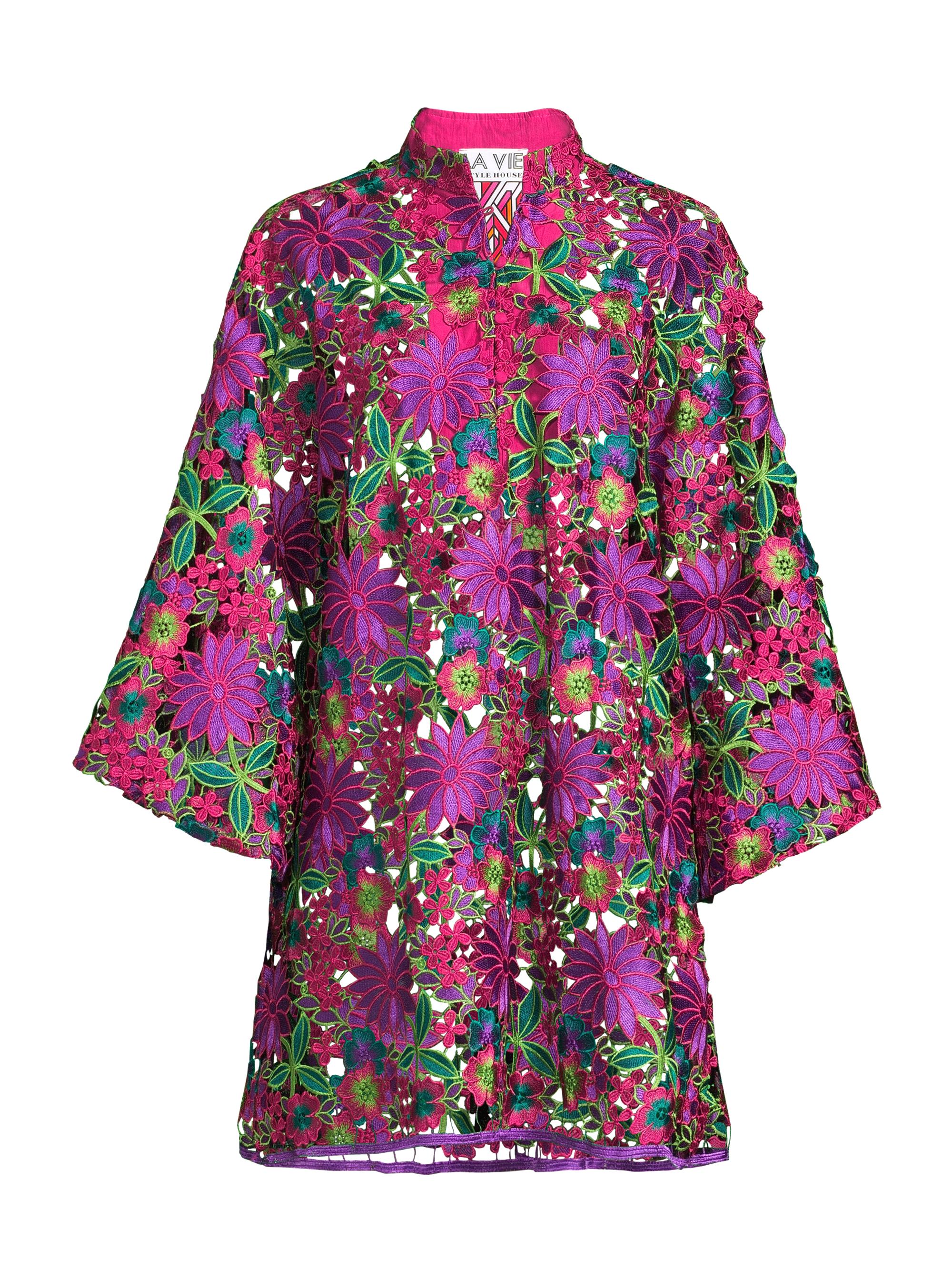 La Vie Style House Women's Floral-Embroidered Mini Caftan - Magenta Green