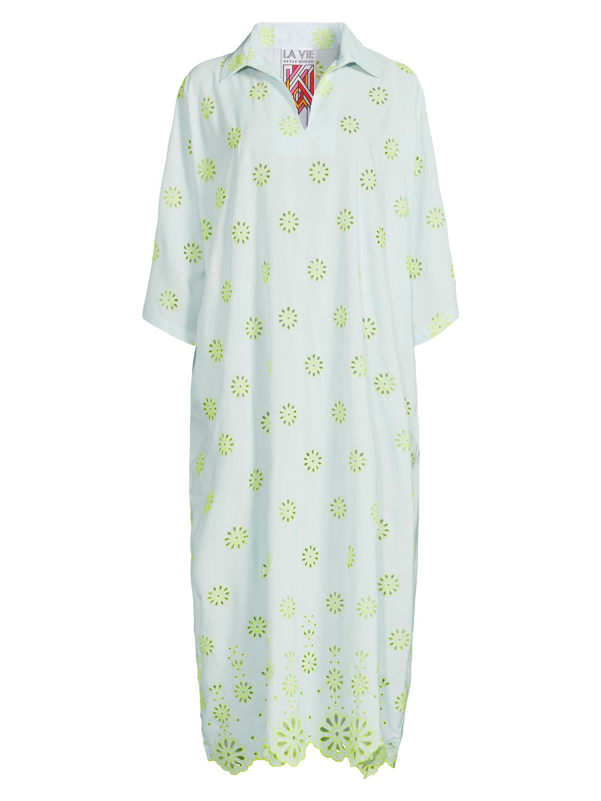 La Vie Style House Women's Floral Cotton Shirtdress - Blue Green
