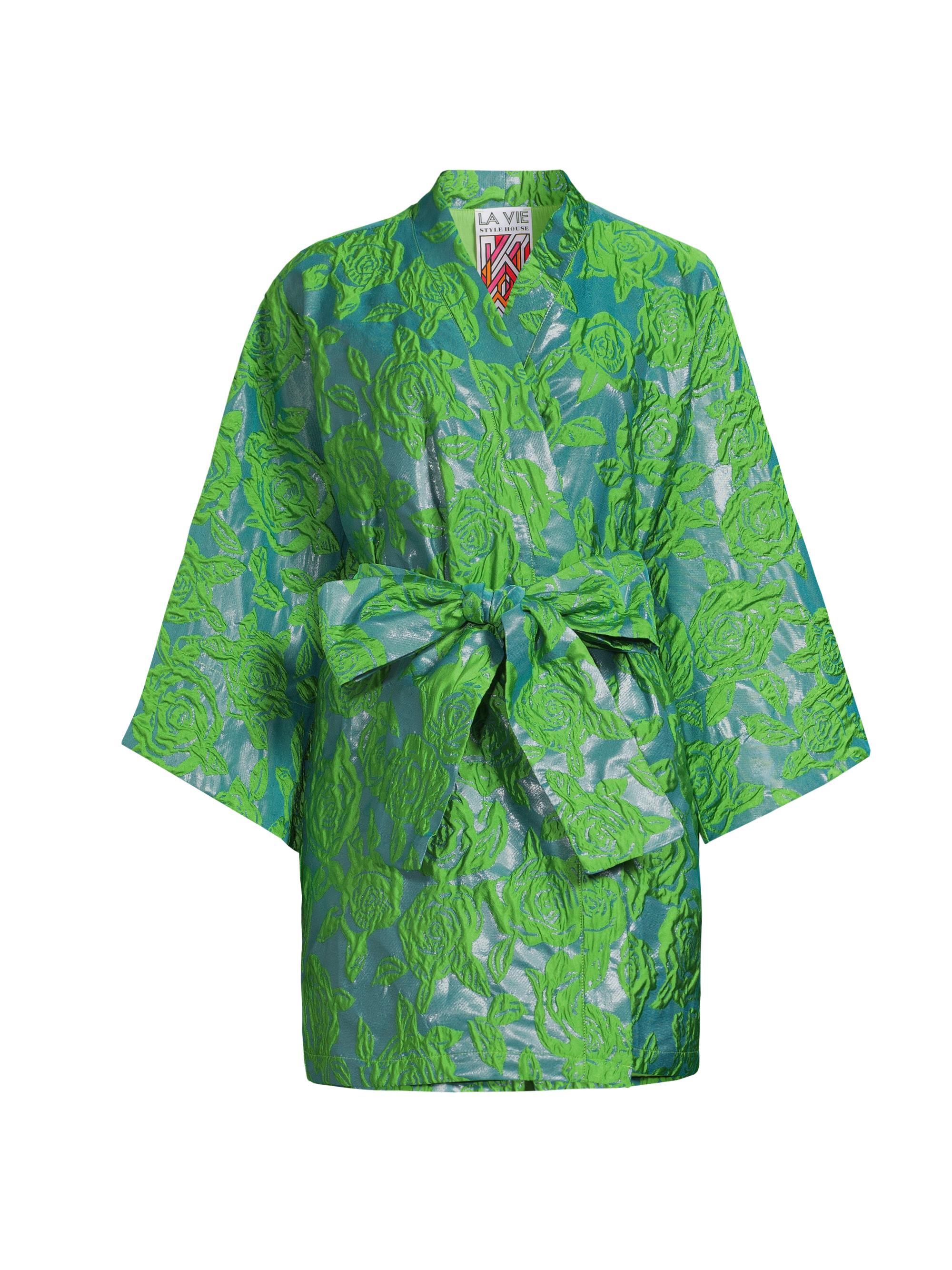 La Vie Style House Women's Floral Brocade Tie-Waist Wrap Minidress - Blue Green