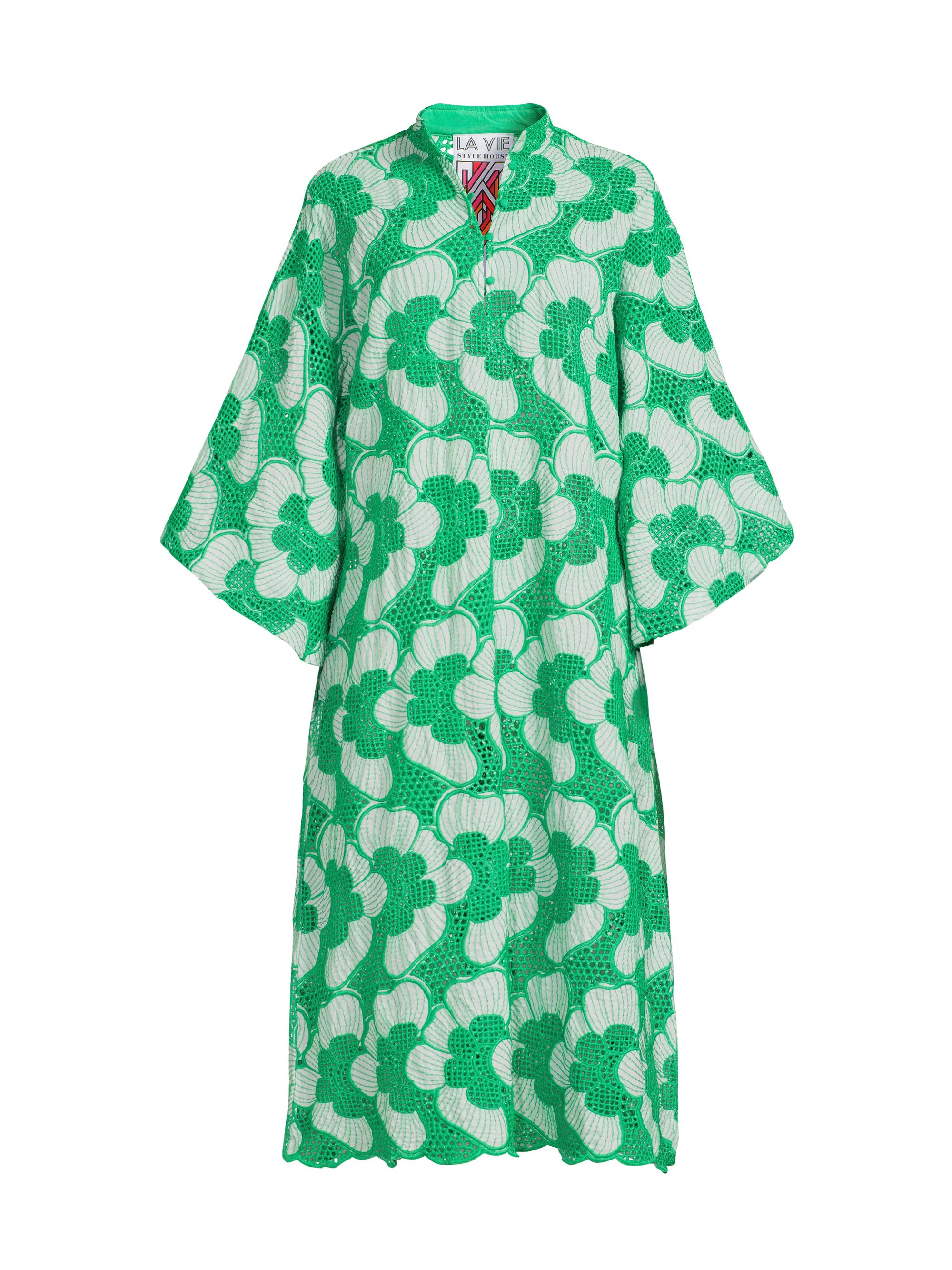 La Vie Style House Women's Floral Lace Cotton Maxi Caftan - Green White