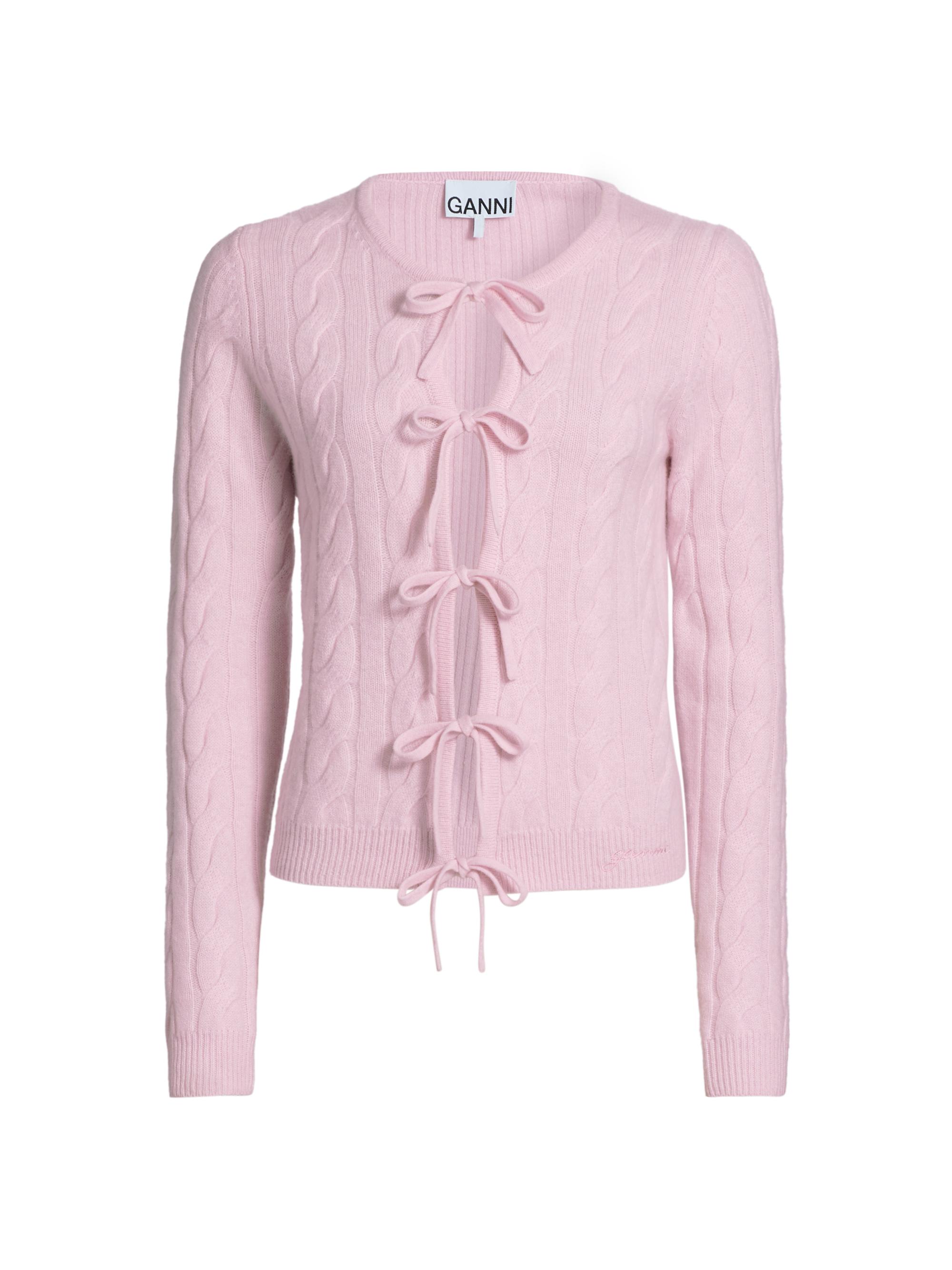 Ganni Women's Wool-Cashmere Cable-Knit Self-Tie Cardigan - Mauve Chalk