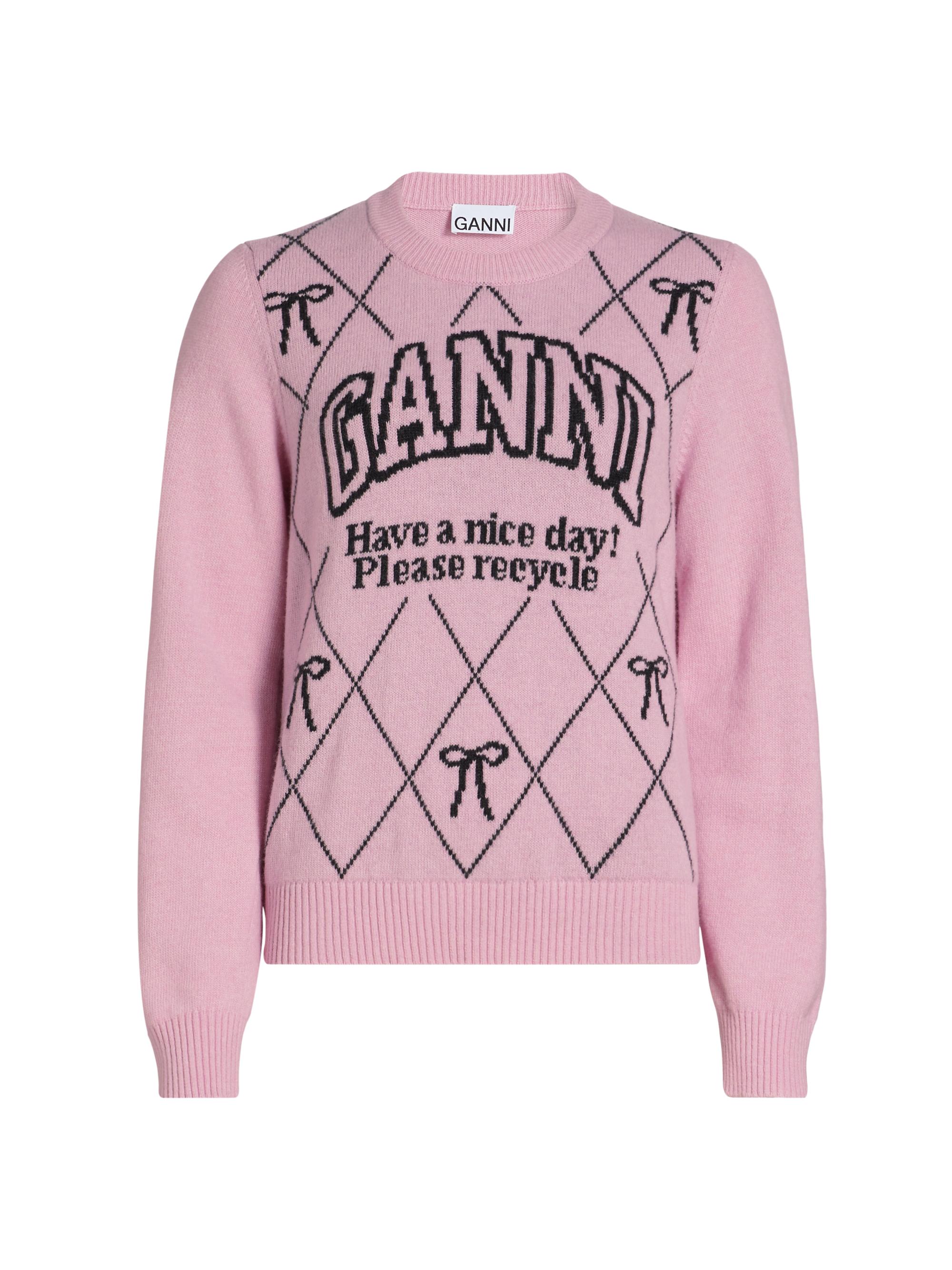 Ganni Women's Graphic Wool-Blend Bow Crewneck Sweater - Mauve Chalk