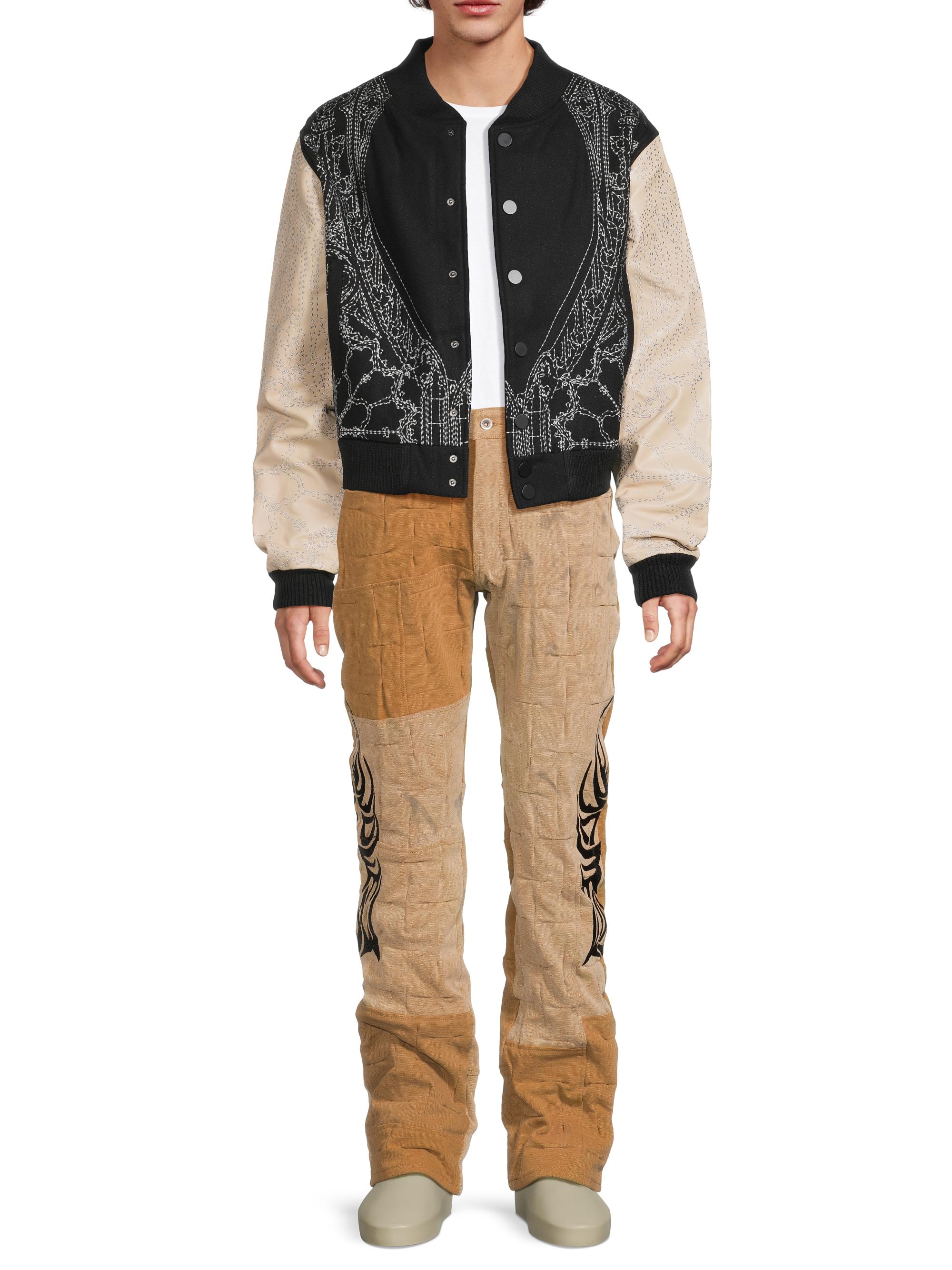 Gathered Abstract Cotton Straight-Leg Trousers