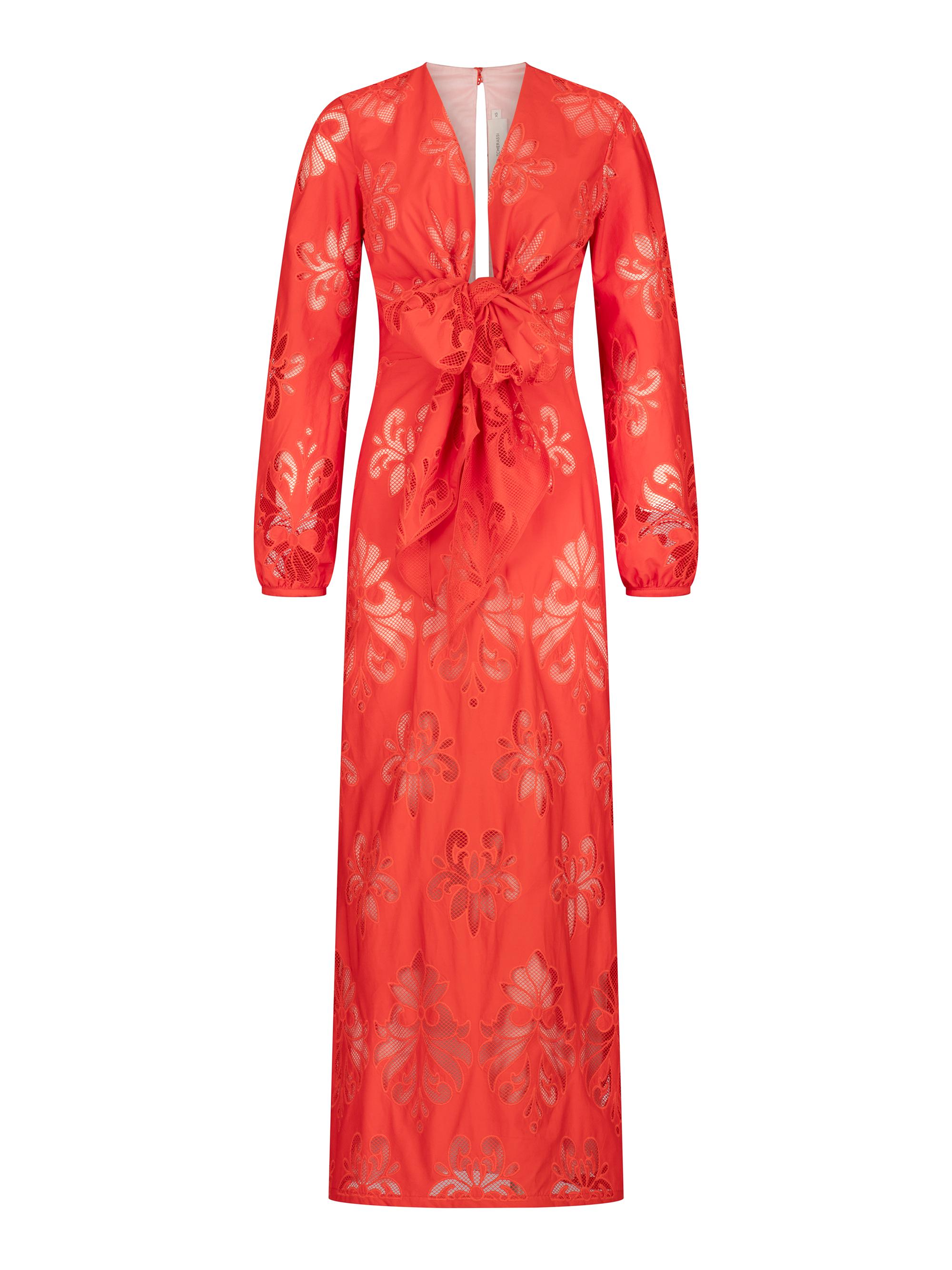 Silvia Tcherassi Women's Battia Floral Cotton Tie-Waist Maxi Dress - Rouge Embroidery