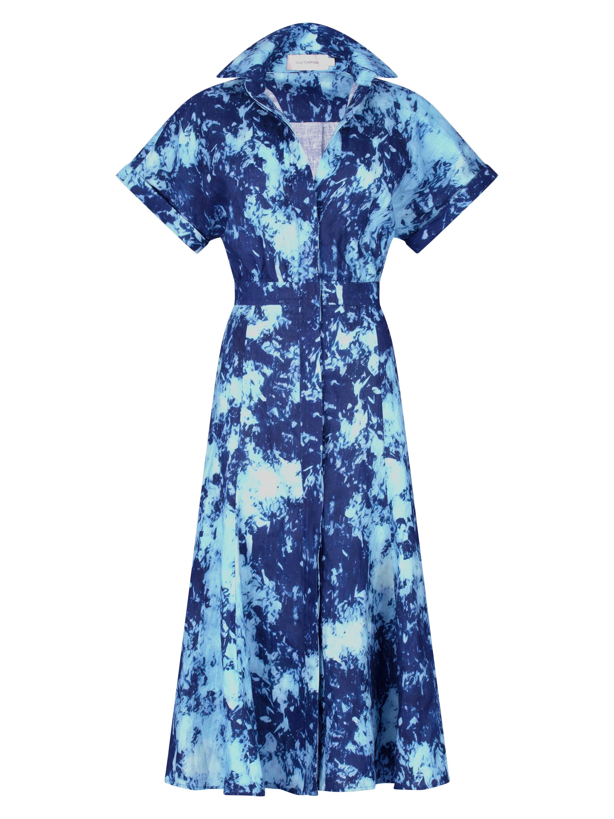 Silvia Tcherassi Noor Abstract Linen Short-Sleeve Midi-Dress