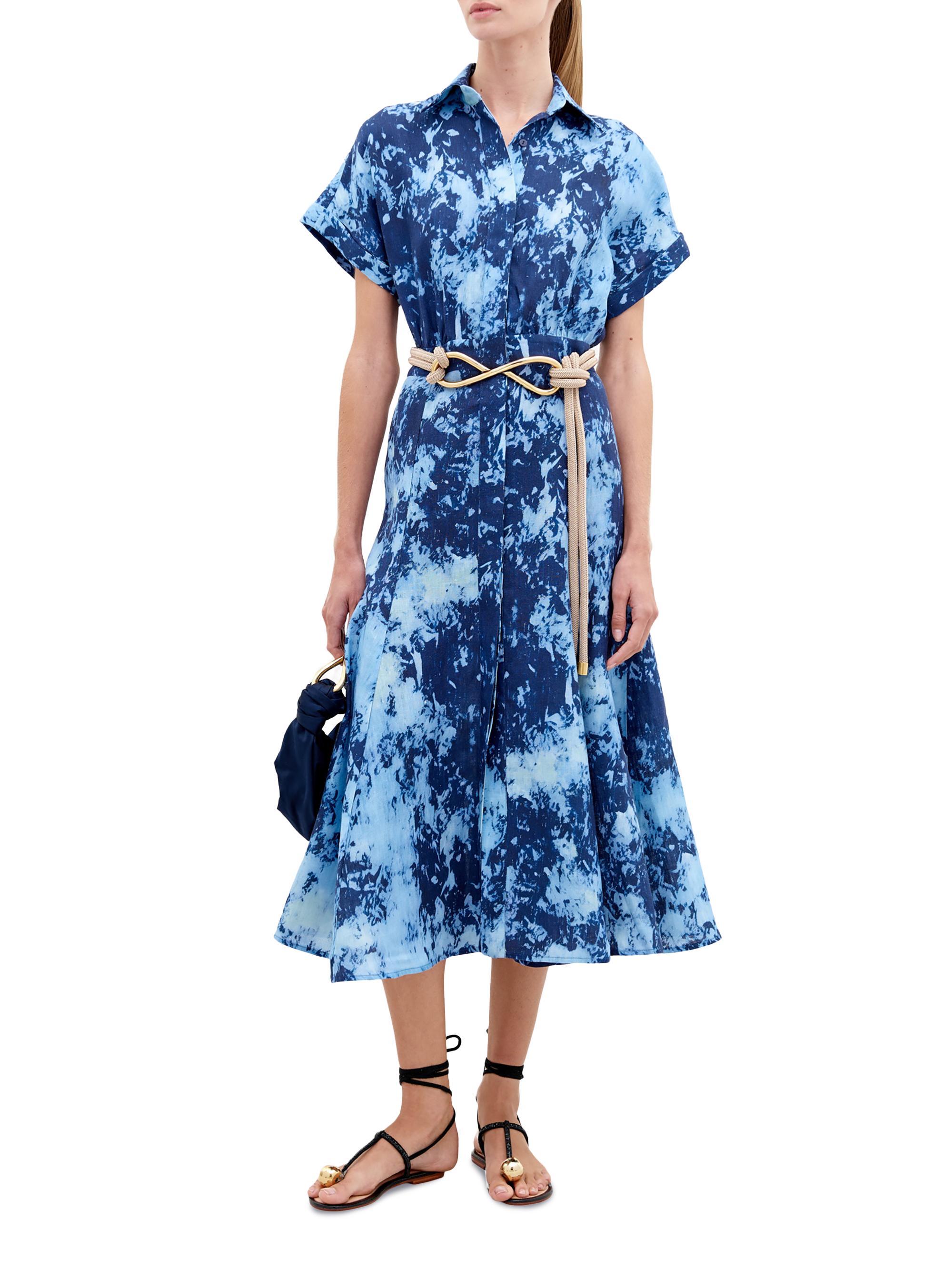 Silvia Tcherassi Noor Abstract Linen Short-Sleeve Midi-Dress