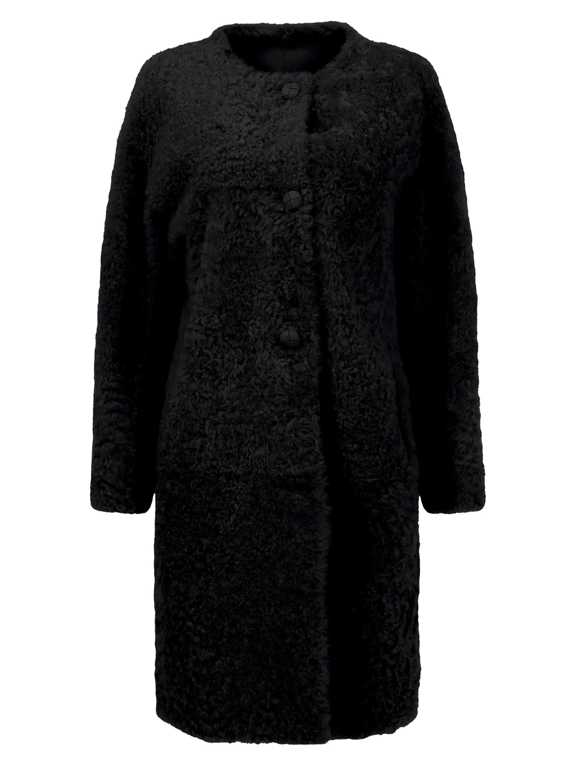Gorski Women's Reversible Collarless Shearling Lamb Short Coat with Buttons - Black