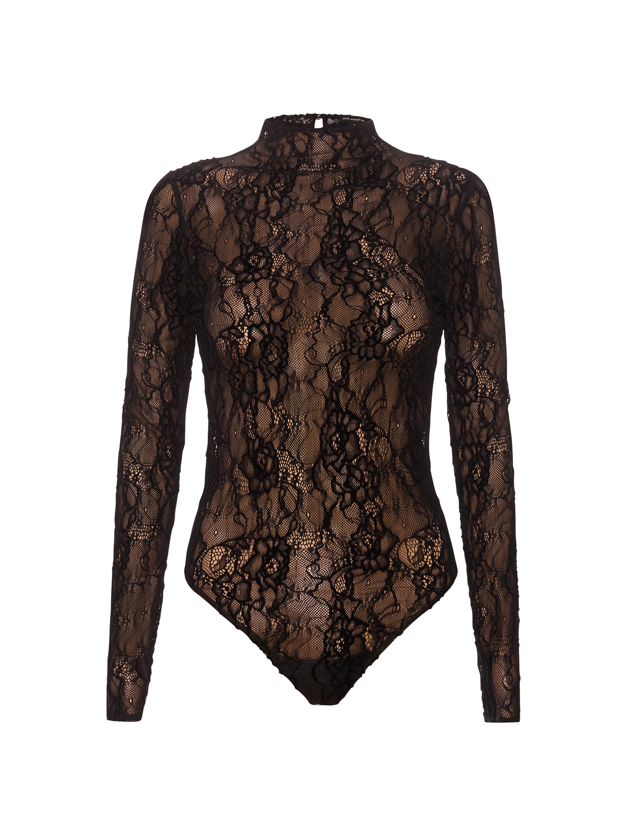 Good American Women's Lace Long-Sleeve Bodysuit - Black
