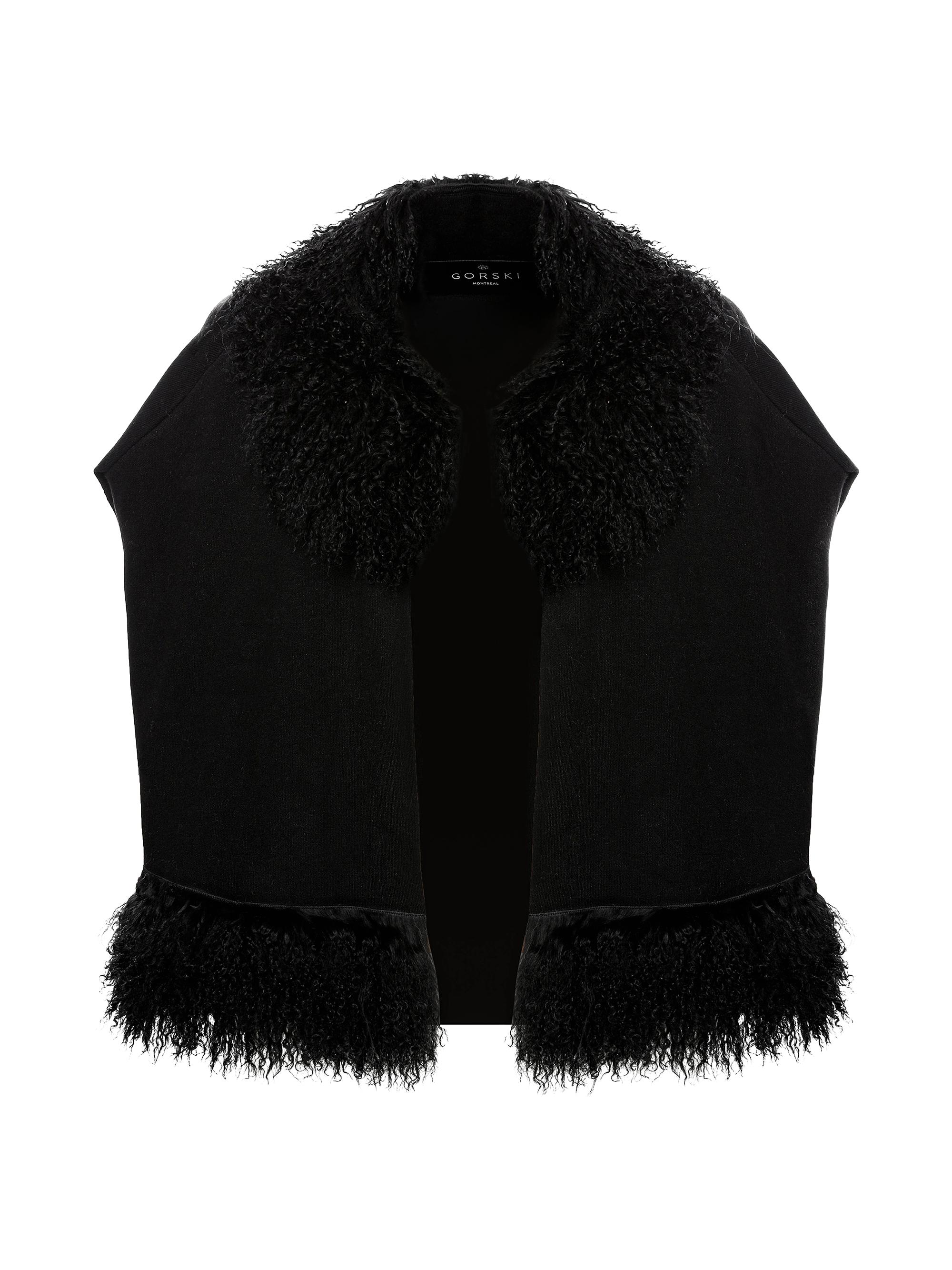 Gorski Women's Knit Vest with Mongolian Shearling Lamb Trim - Black