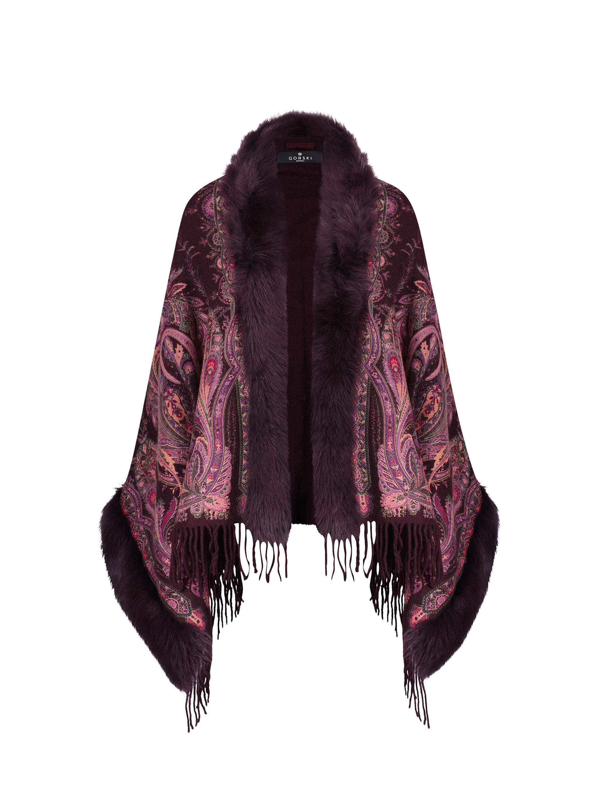 Gorski Women's Double Face Cashmere Stole with Toscana Lamb Trim - Wine Paisley