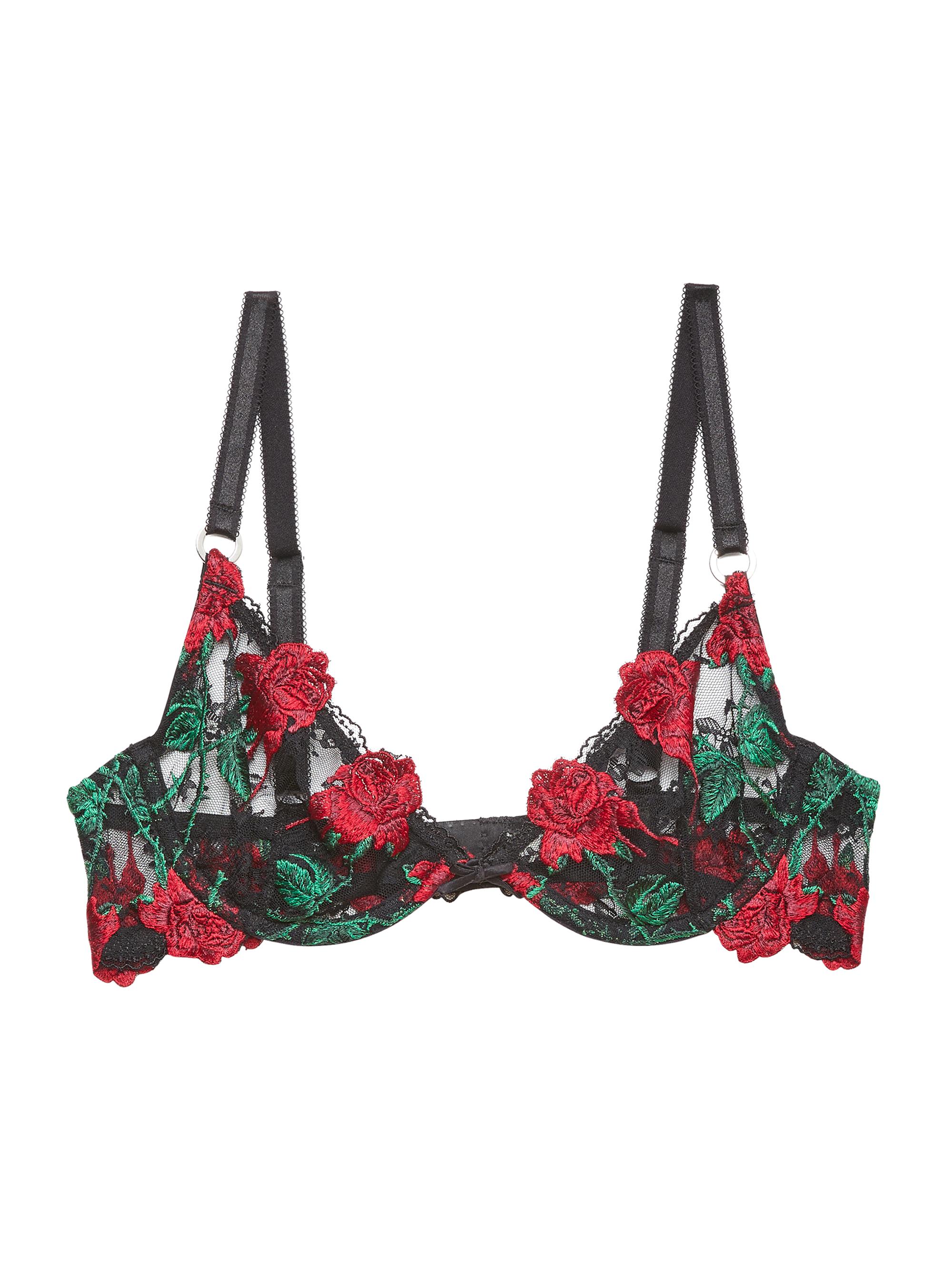 Fleur du Mal Women's Bleeding Rose Embroidered Stretch-Silk Demi Bra - Black