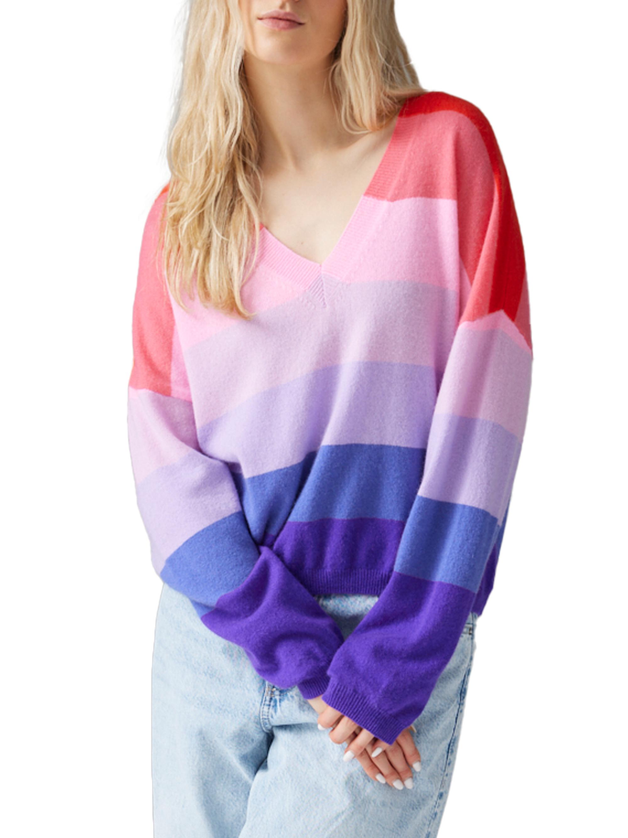 COLORUSH Women's Striped V-Neck Cashmere Sweater - California Sunset