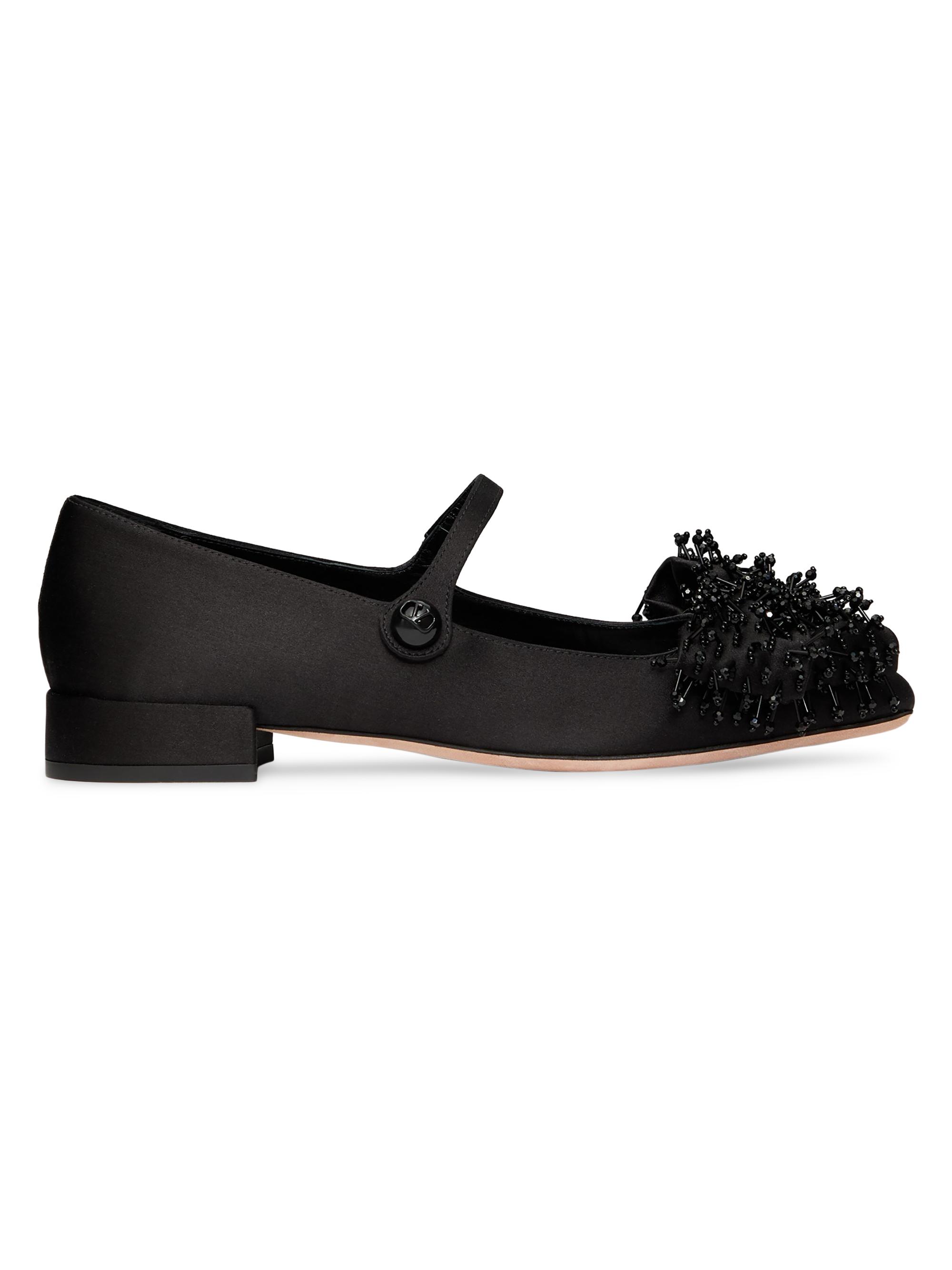 Valentino Garavani Women's Bowjane 20MM Mary Jane Satin Ballerina with Fringed Embroidery - Black