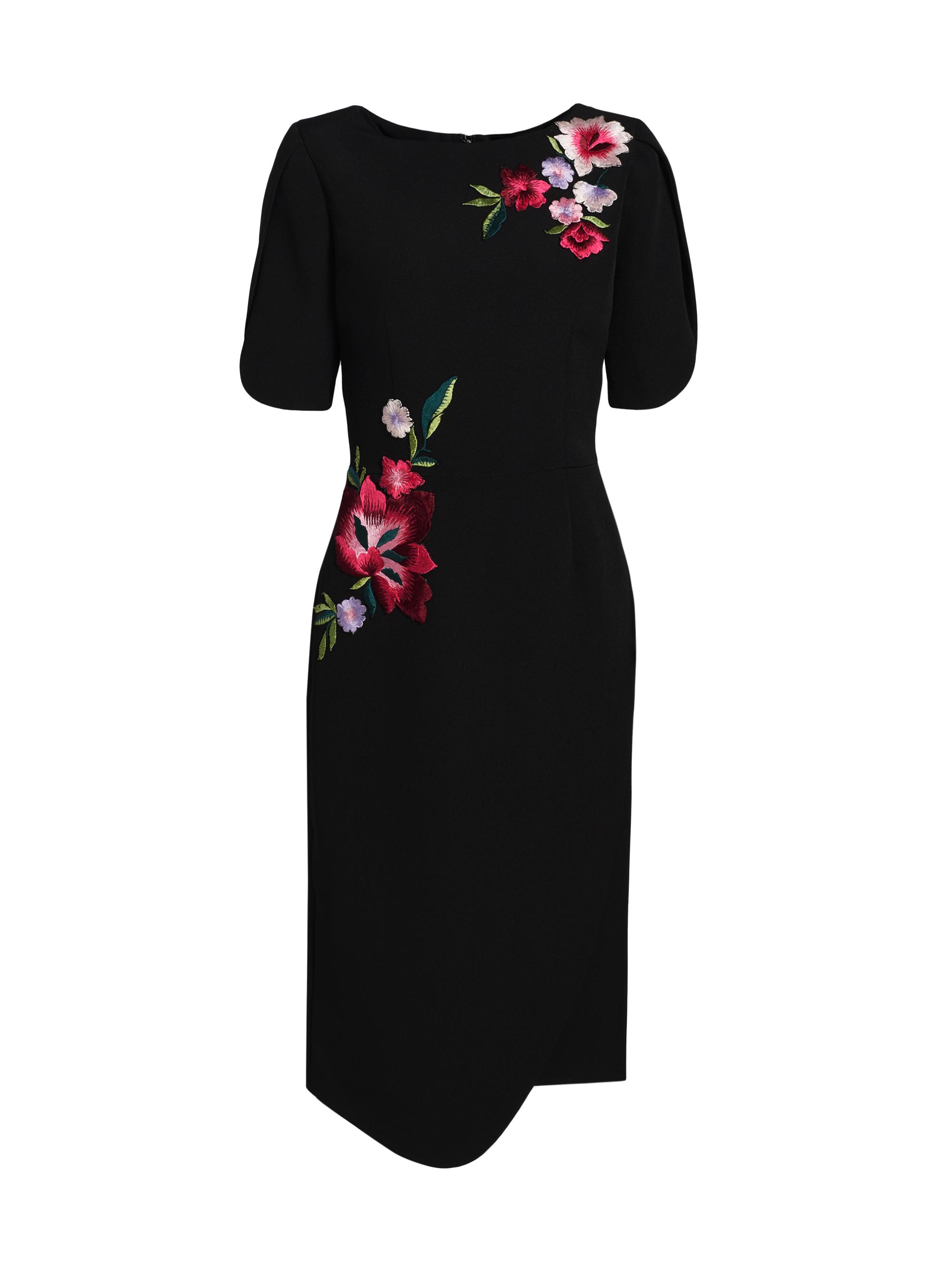 Teri Jon by Rickie Freeman Women's Floral Embroidered Crepe Boatneck Midi-Dress - Black Multi