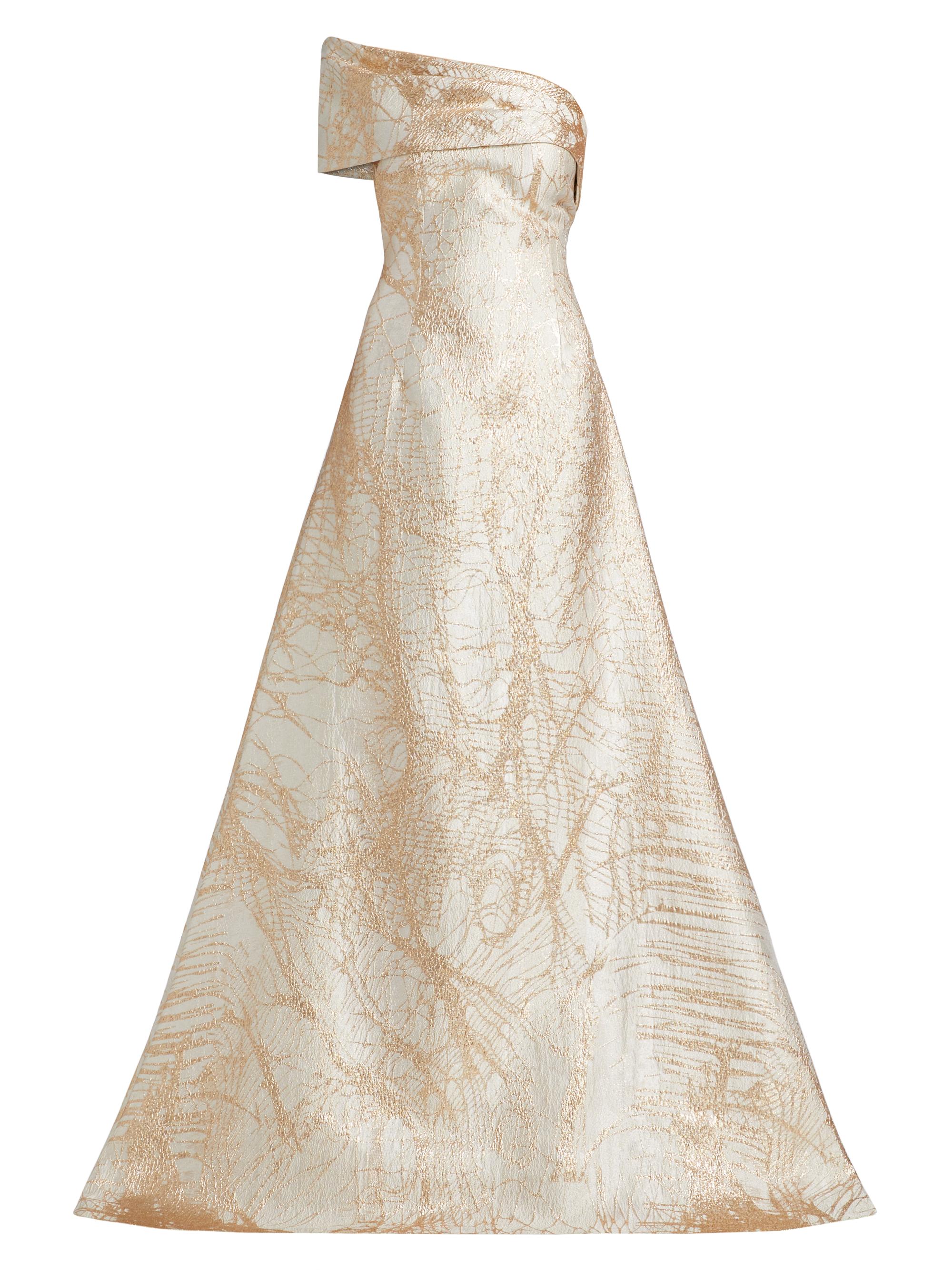 Teri Jon by Rickie Freeman Women's Metallic Jacquard Fit & Flare One-Shoulder Gown -  Gold