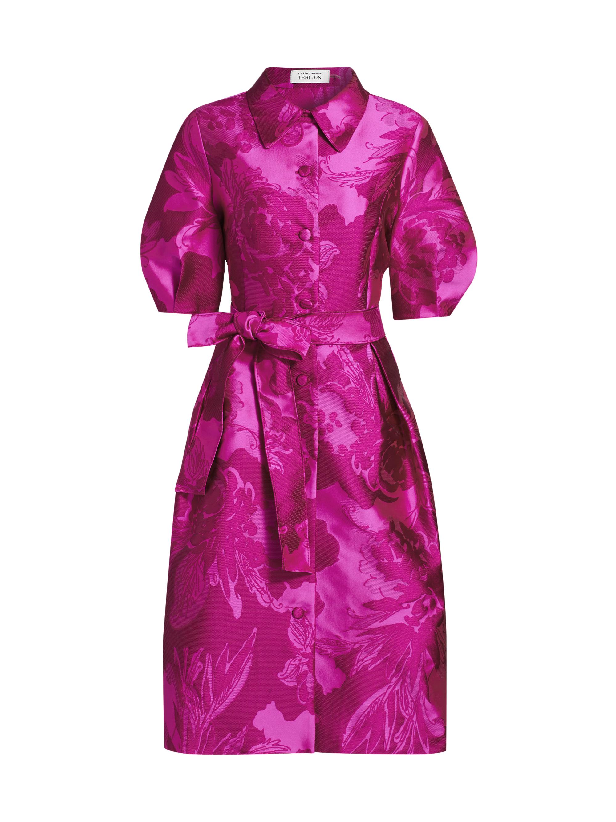 Teri Jon by Rickie Freeman Women's Floral Jacquard Balloon-Sleeve Midi-Shirtdress - Hot Pink