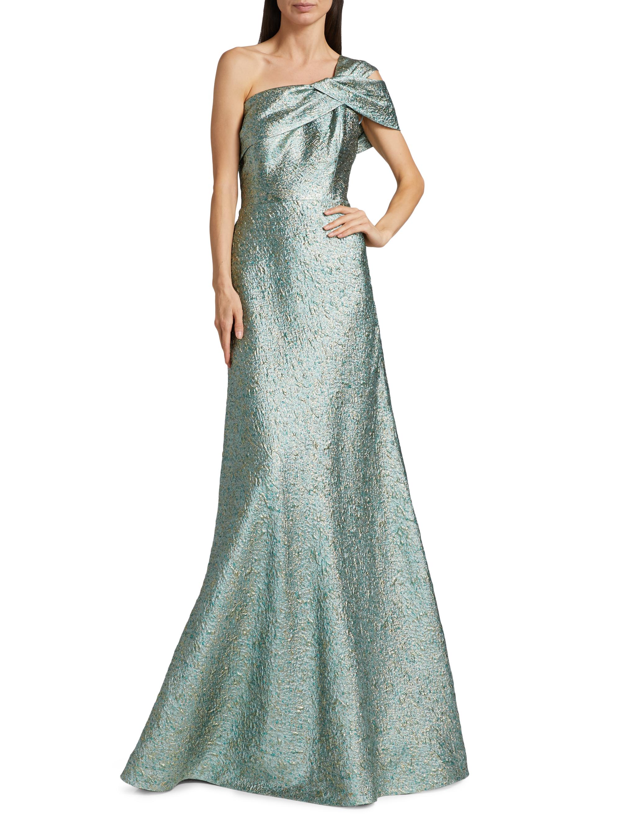 Teri Jon by Rickie Freeman Metallic Jacquard One-Shoulder Gown