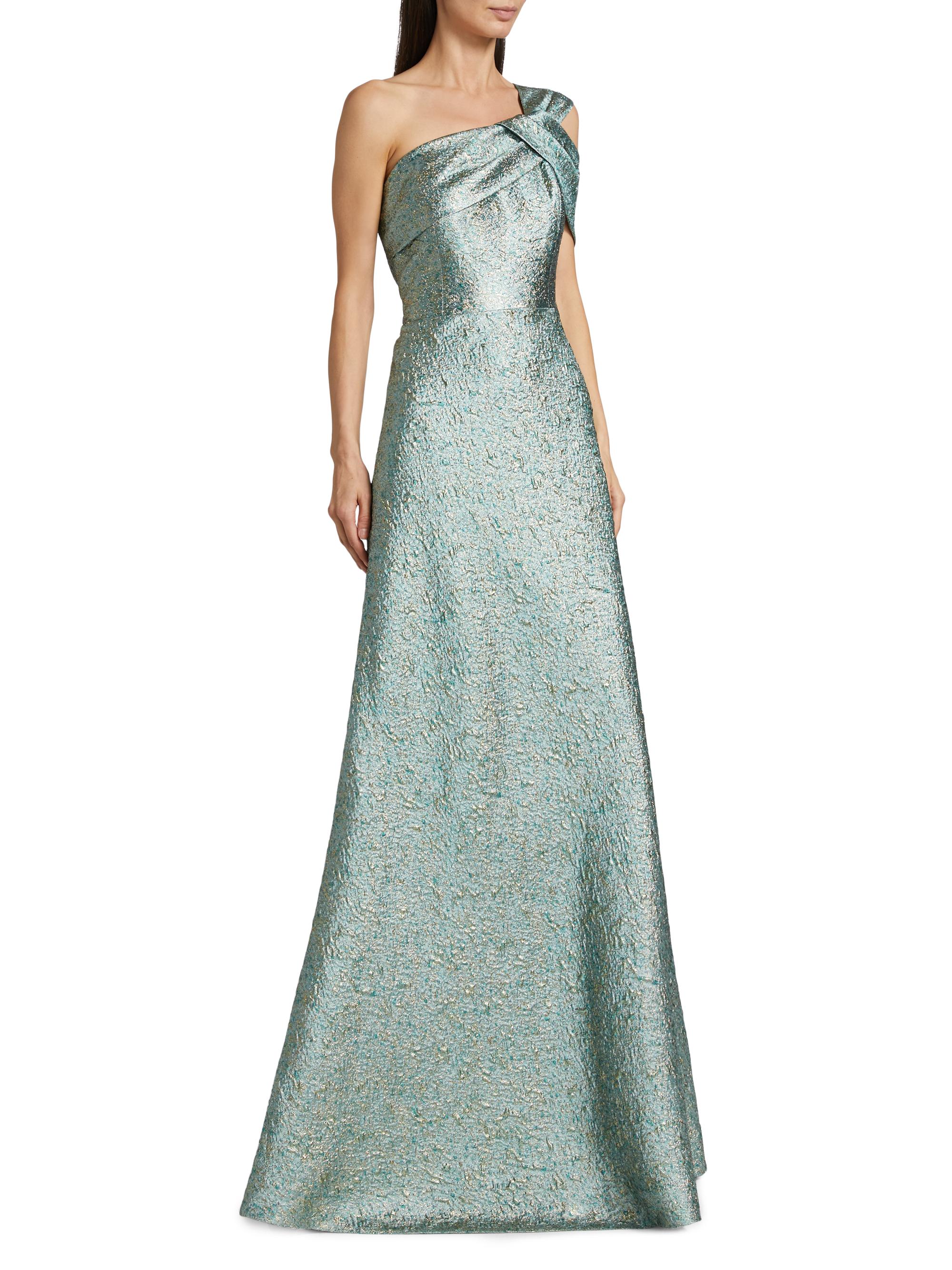 Teri Jon Metallic Jacquard Asymmetrical One Shoulder Evening Gown Size 14