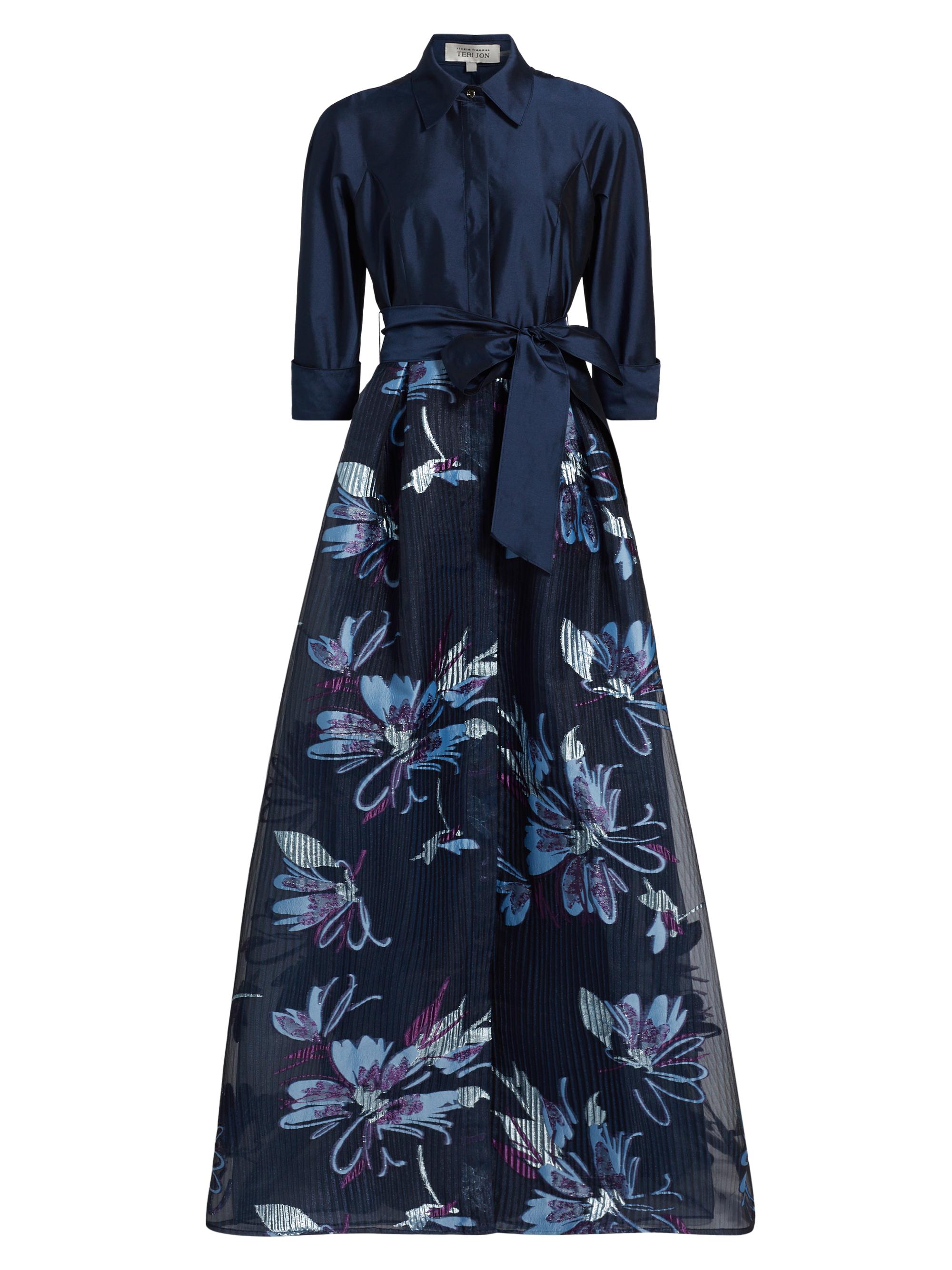 Teri Jon by Rickie Freeman Women's Taffeta Floral Organza Gown - Navy Multi
