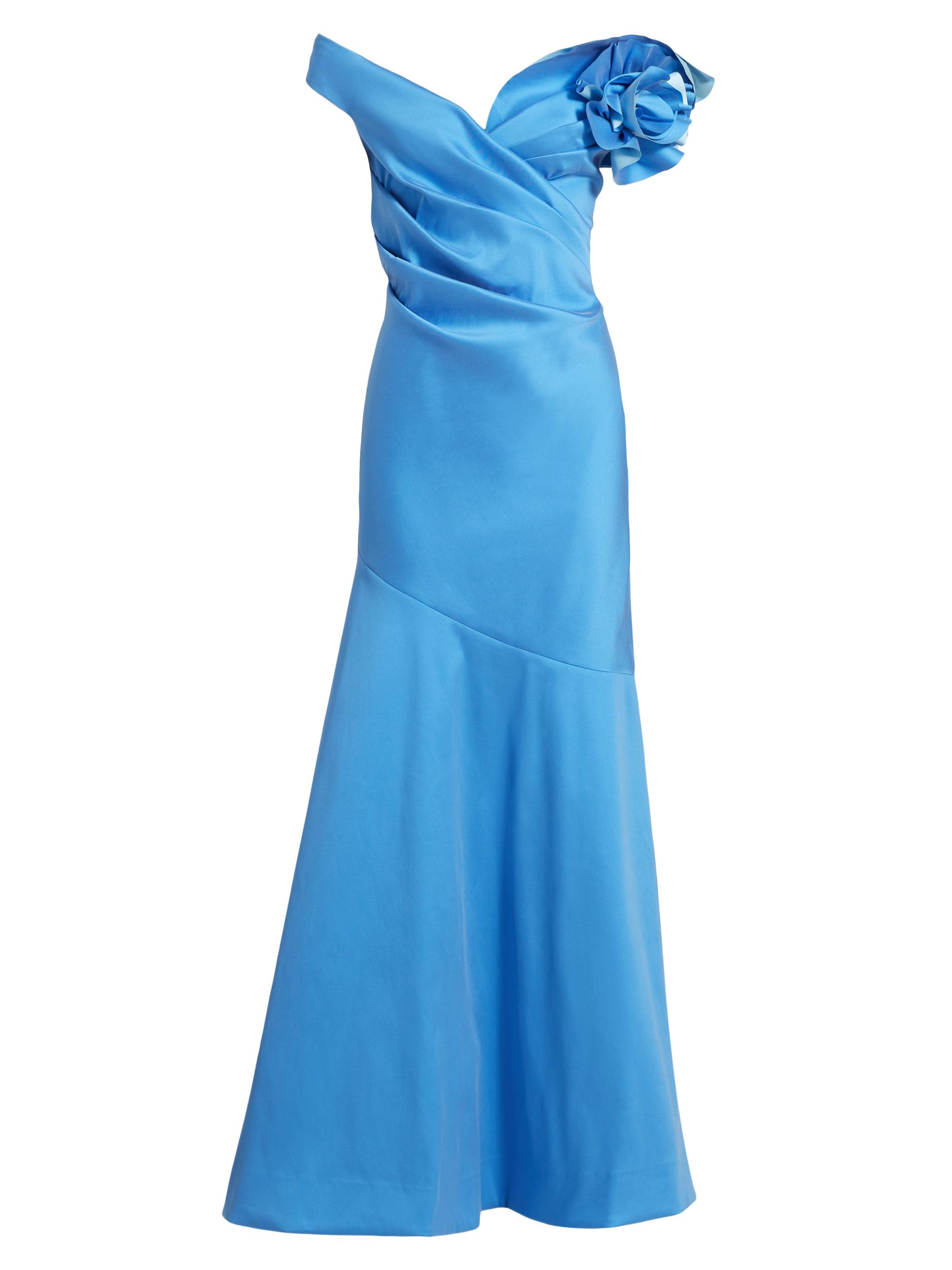 Teri Jon by Rickie Freeman Women's Off-The-Shoulder 3D Flower Gown - French Blue