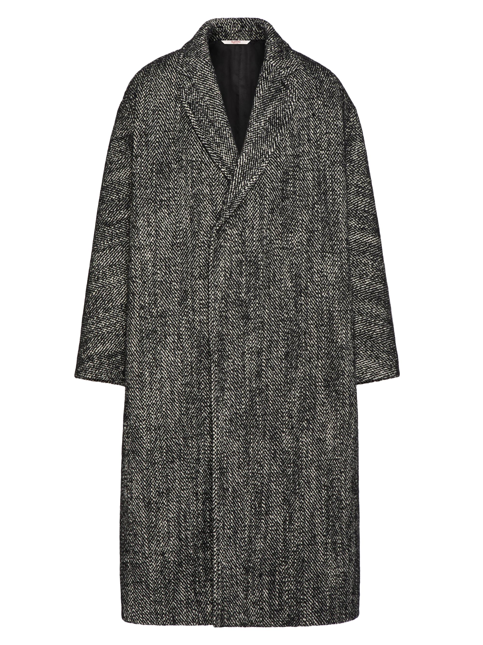 Valentino Garavani Men's Technical Wool Coat with All-Over Chevron Pattern - White Black