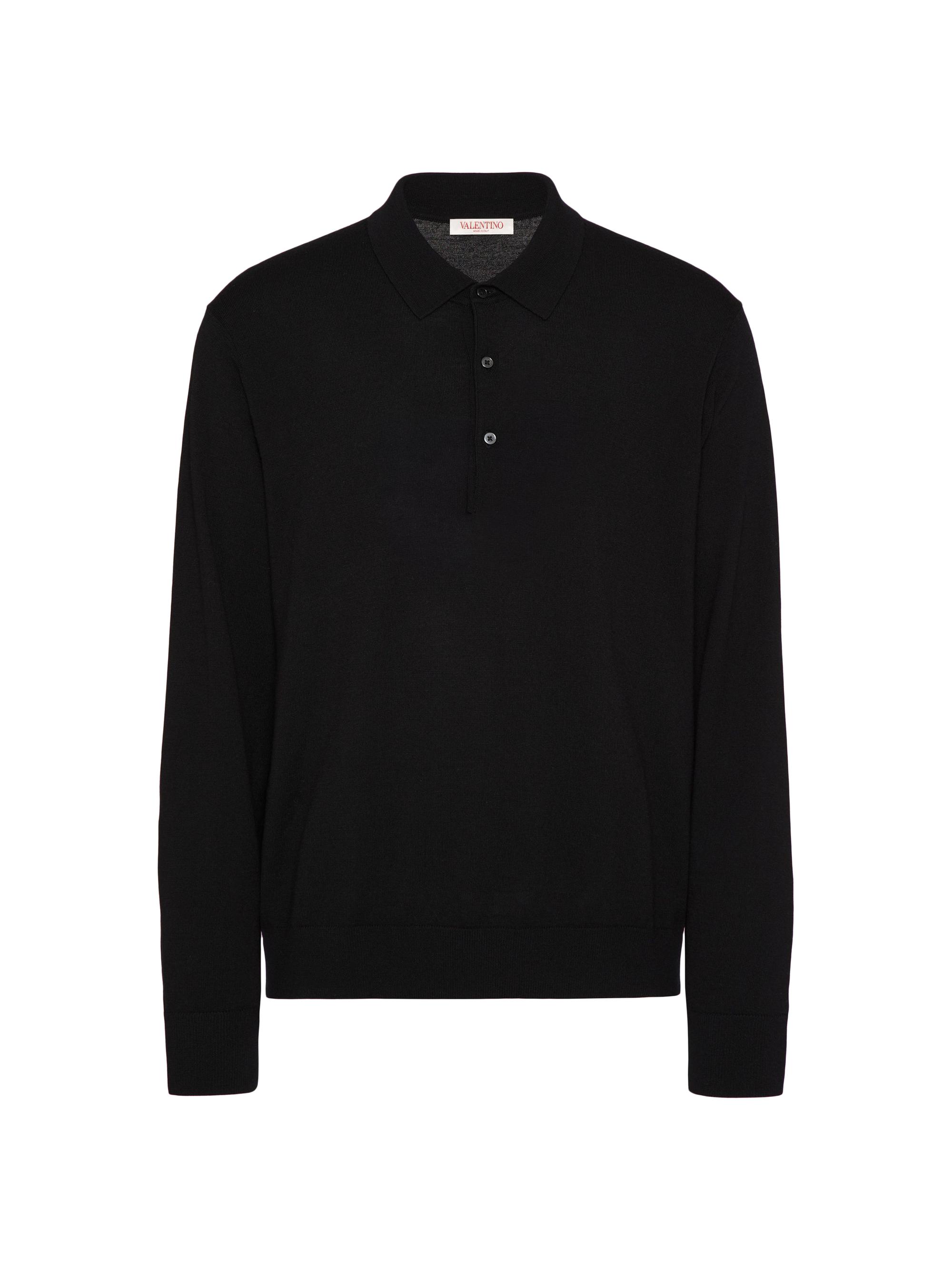 Valentino Garavani Men's Long-Sleeve Wool Polo Shirt with VLogo Signature Embroidery - Black