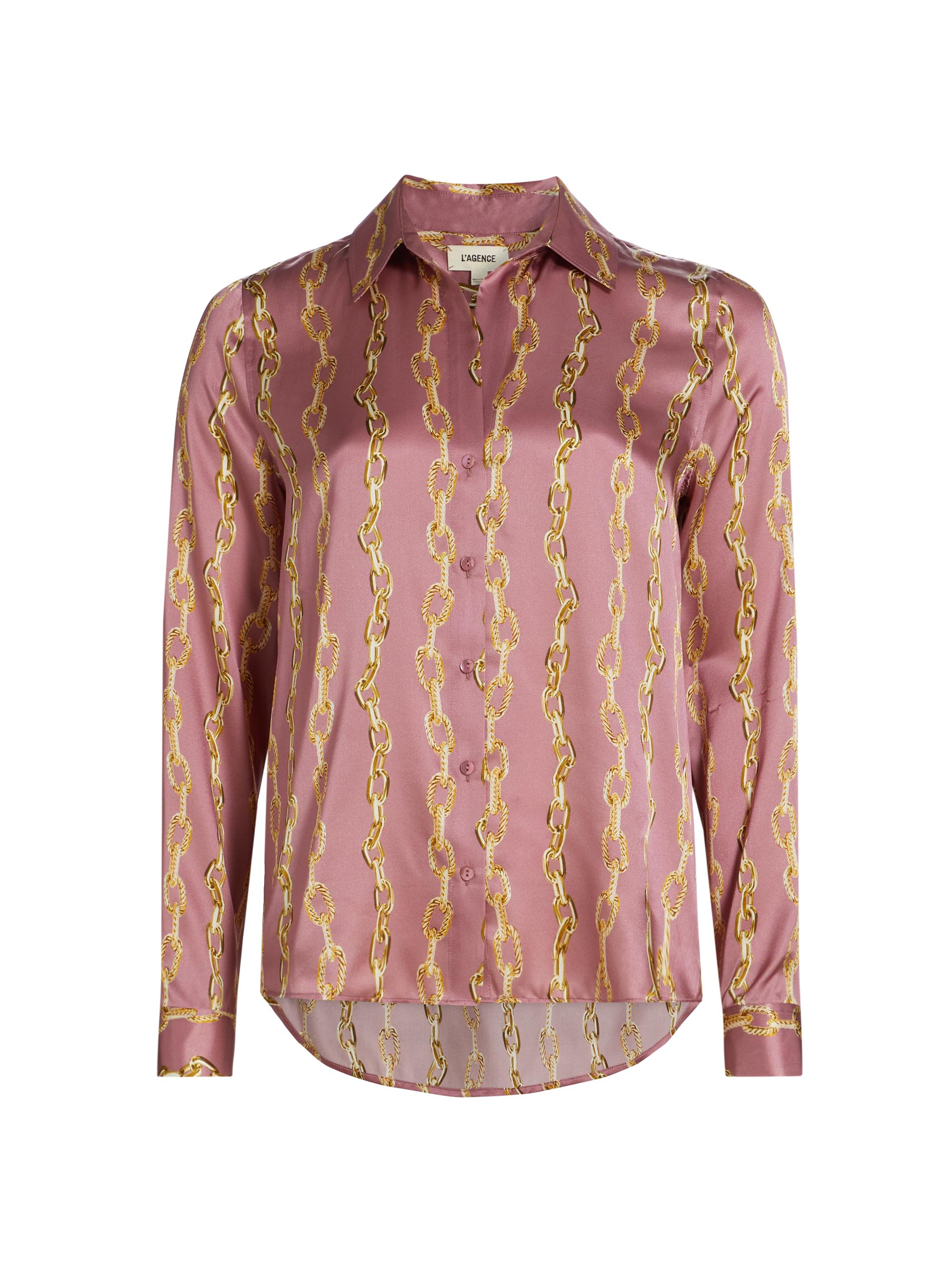 L'AGENCE Women's Tyler Chain Print Silk Long-Sleeve shirt - Mauve Rose Metallic Chain