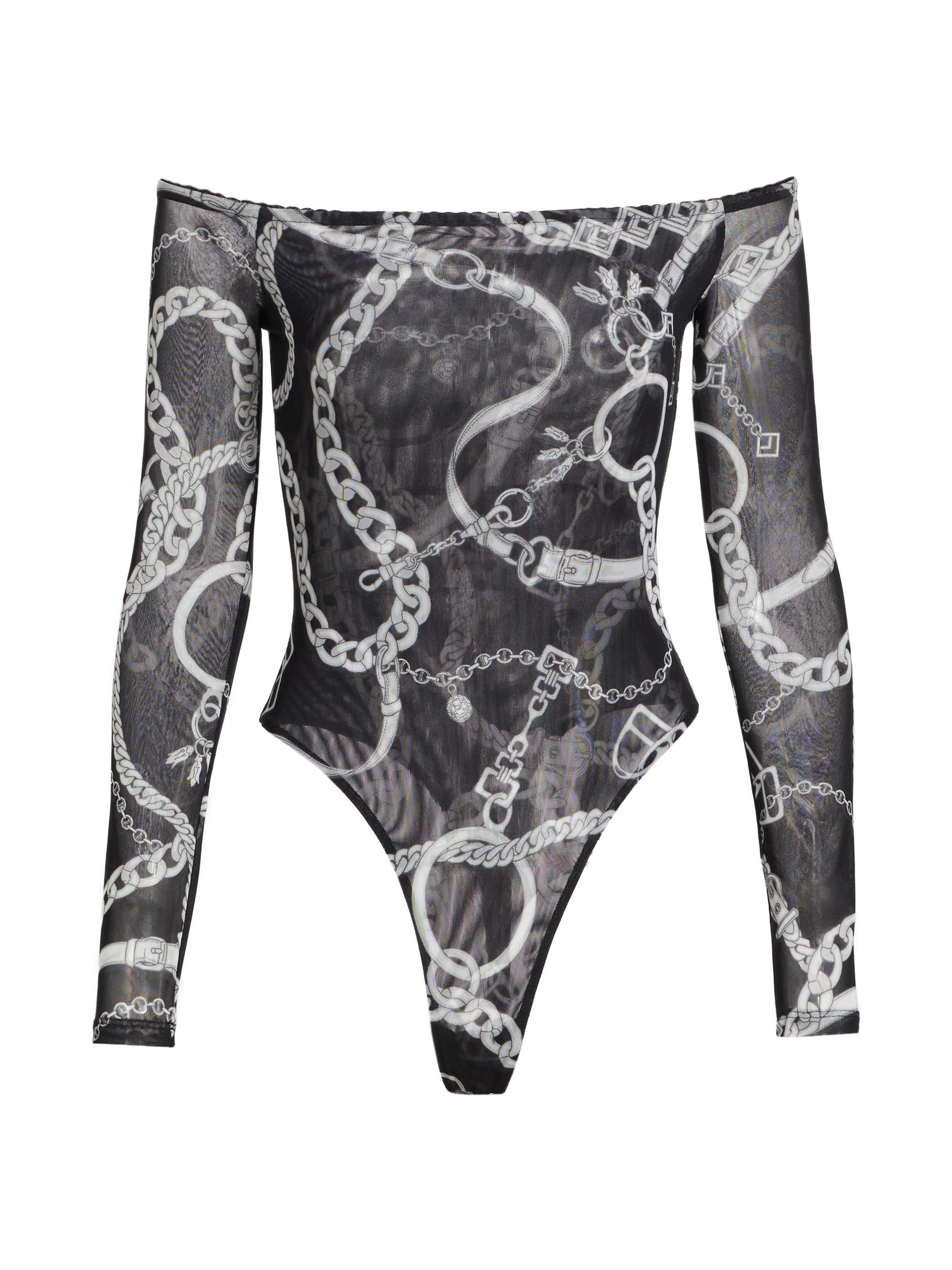 L'AGENCE Women's Peonie Chain Off-The-Shoulder Bodysuit - Black White Buckle Chain