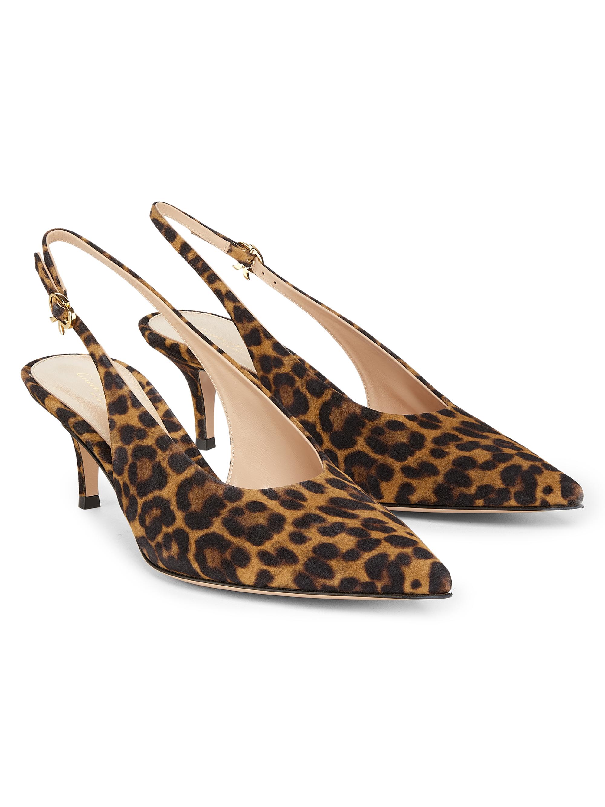 Gianvito Rossi Women's 55MM Leopard Print Suede Slingback Pumps - Almond Leopard Print - back view in Almond leopard print