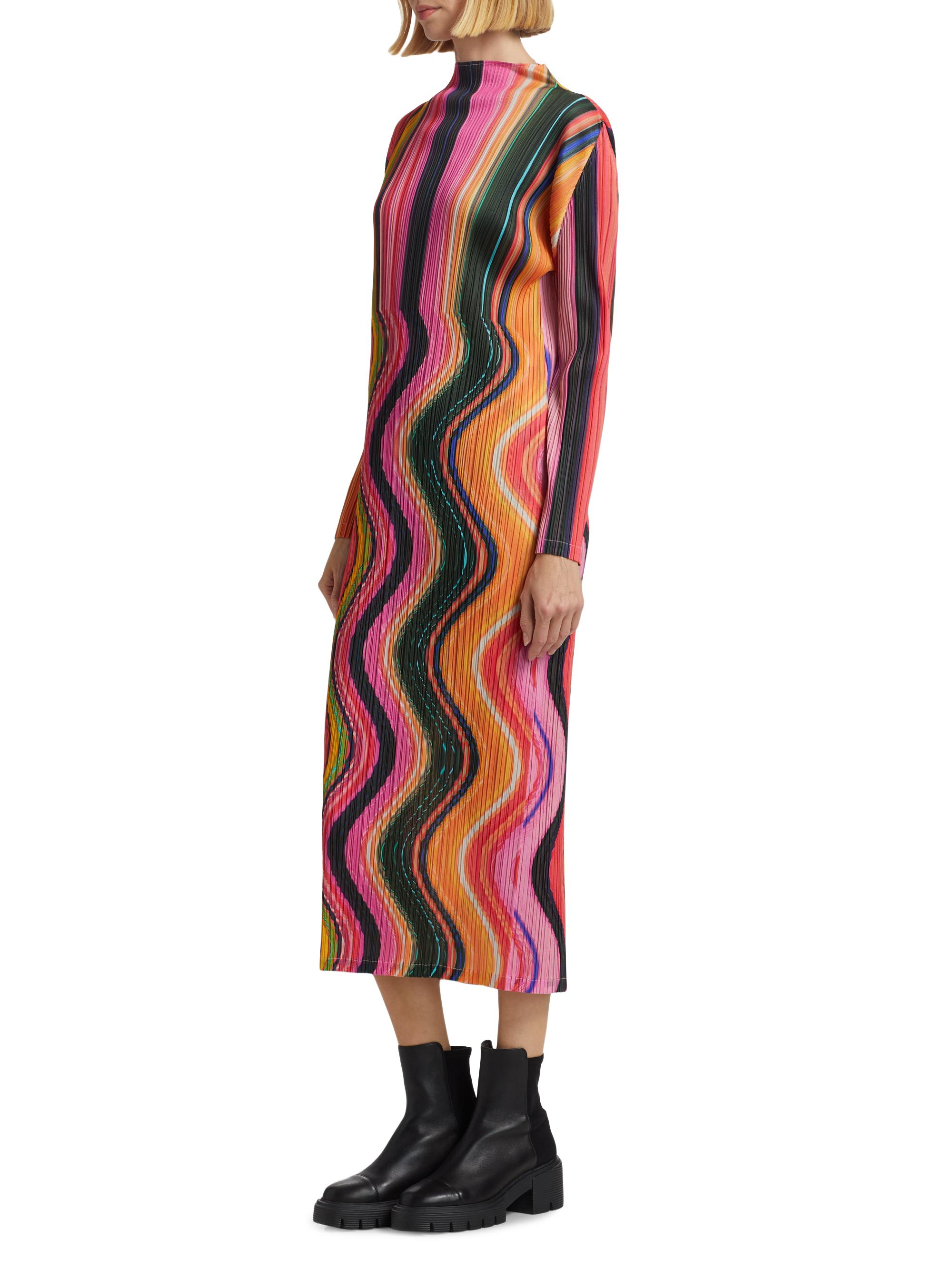 Pleats Please Issey Miyake Warp Pleated Striped Midi-Dress