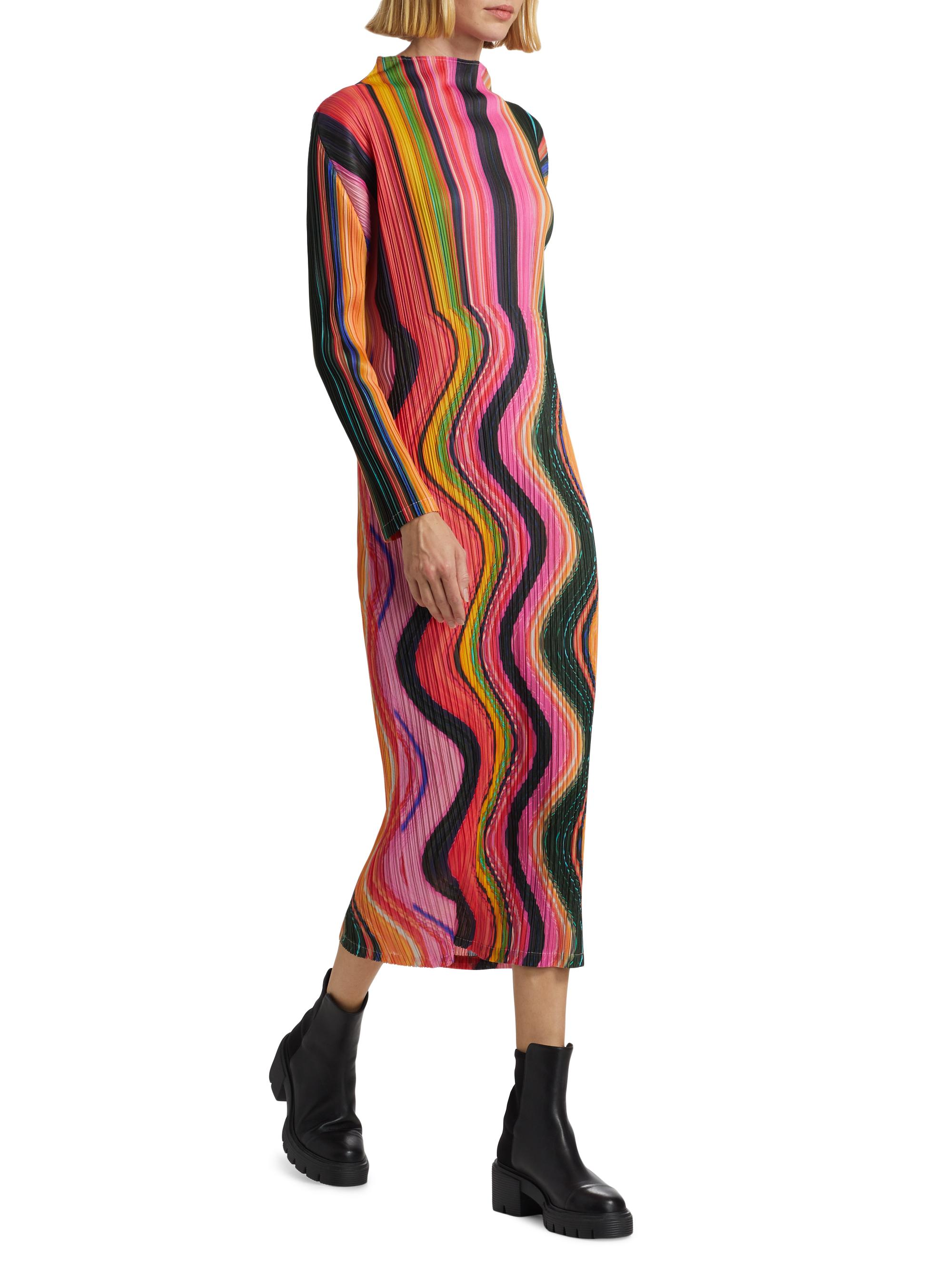 Pleats Please Issey Miyake Warp Pleated Striped Midi-Dress