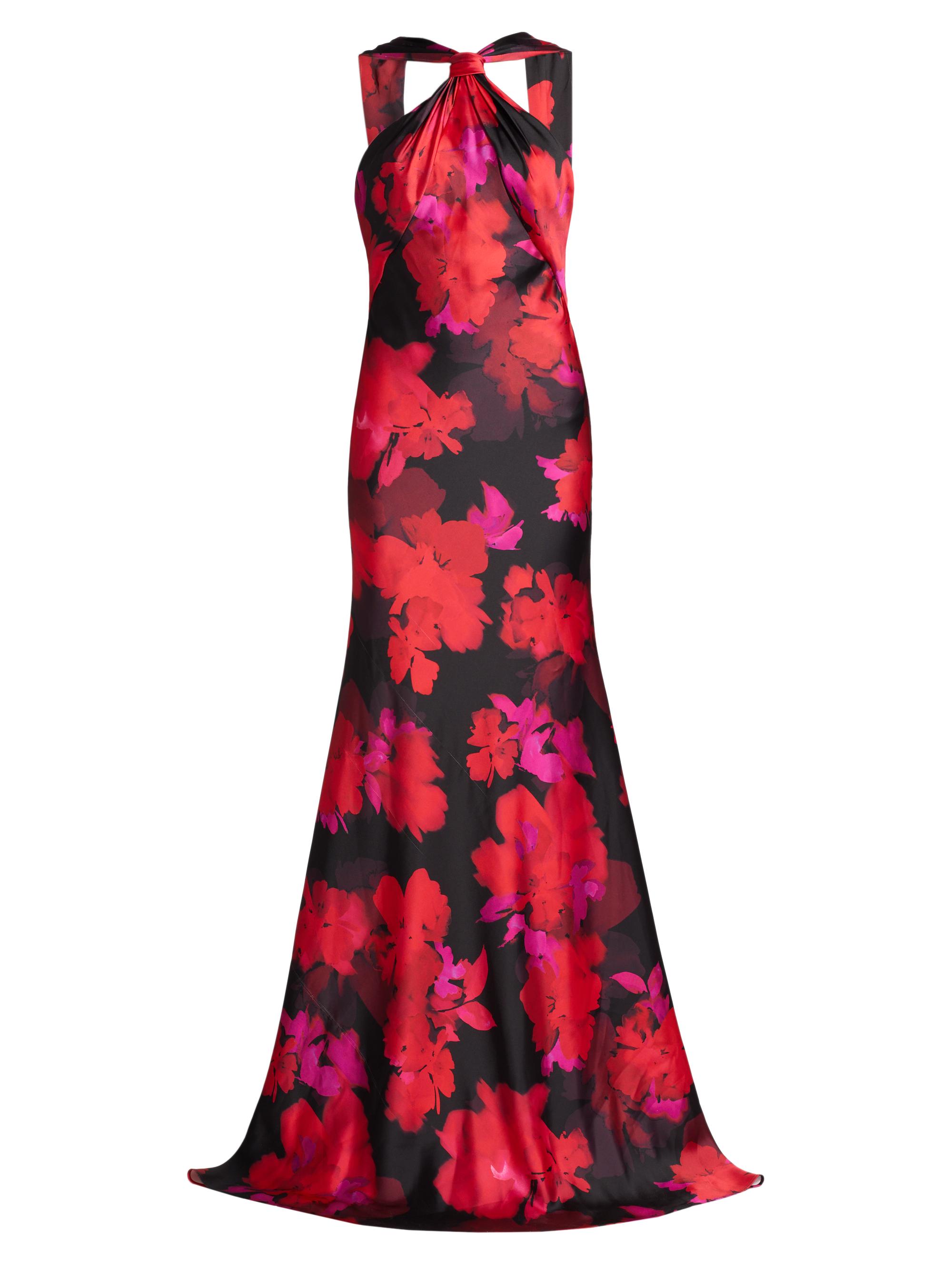 ML Monique Lhuillier Women's Mallory Floral Satin Halterneck Gown - Camellia Shadow