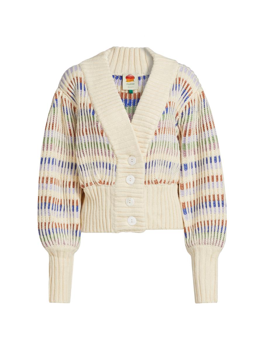 Farm Rio Striped Rib-Knit V-Neck Cardigan | Saks Fifth Avenue