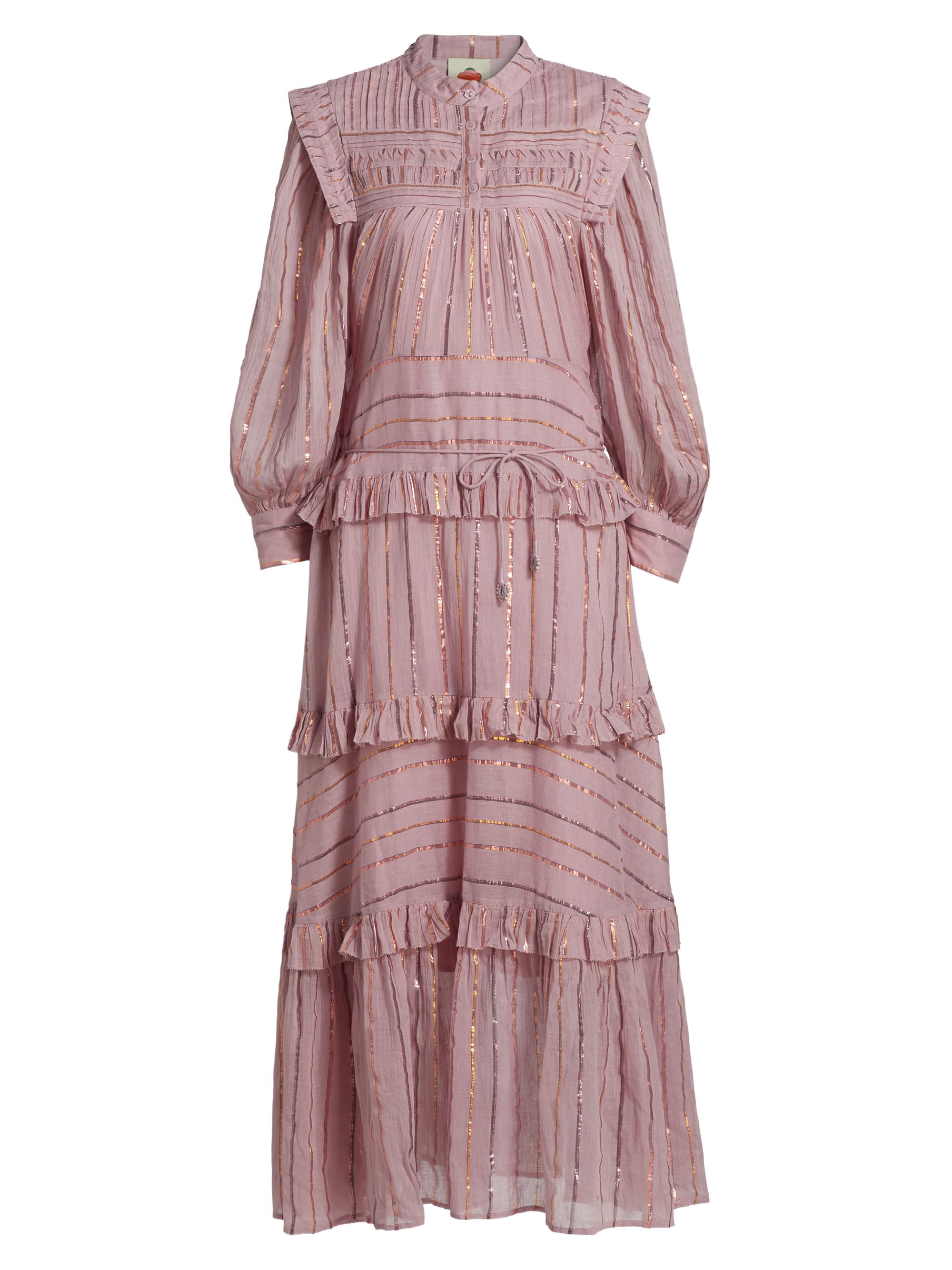 Farm Rio Women's Metallic Striped Tiered Maxi Dress - Pink
