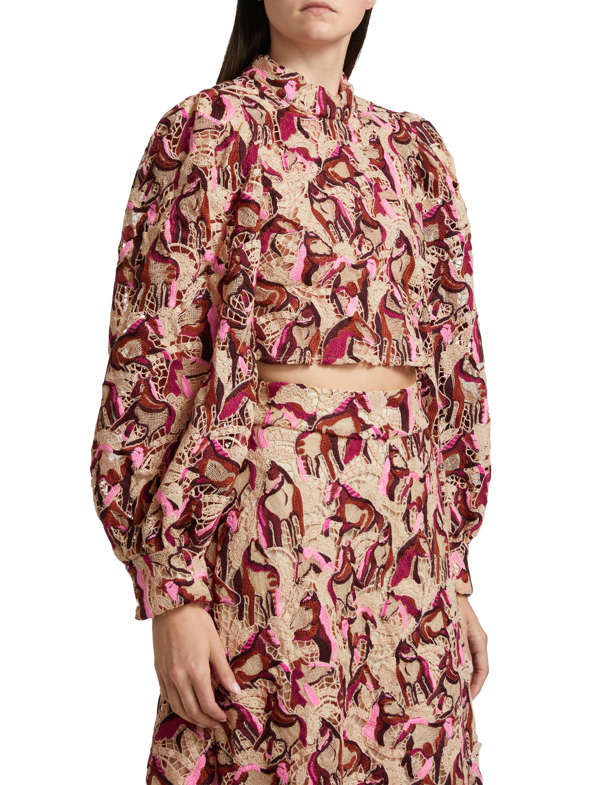 Farm Rio Embroidered Horses Guipure-Lace Blouse | Saks Fifth Avenue
