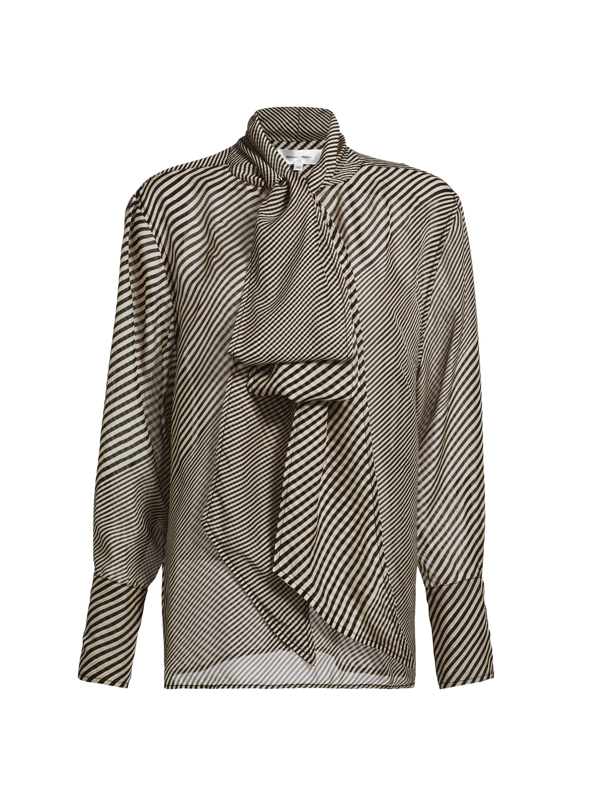 Ronny Kobo Women's Tawny Stripe Silk Tie-Neck Blouse - Jet Black Stone Multi