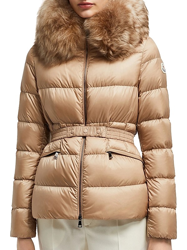 Shop Moncler Boed Belted Short Jacket with Shearling Hood Shop Moncler Boed Belted Short Jacket with Shearling Hood