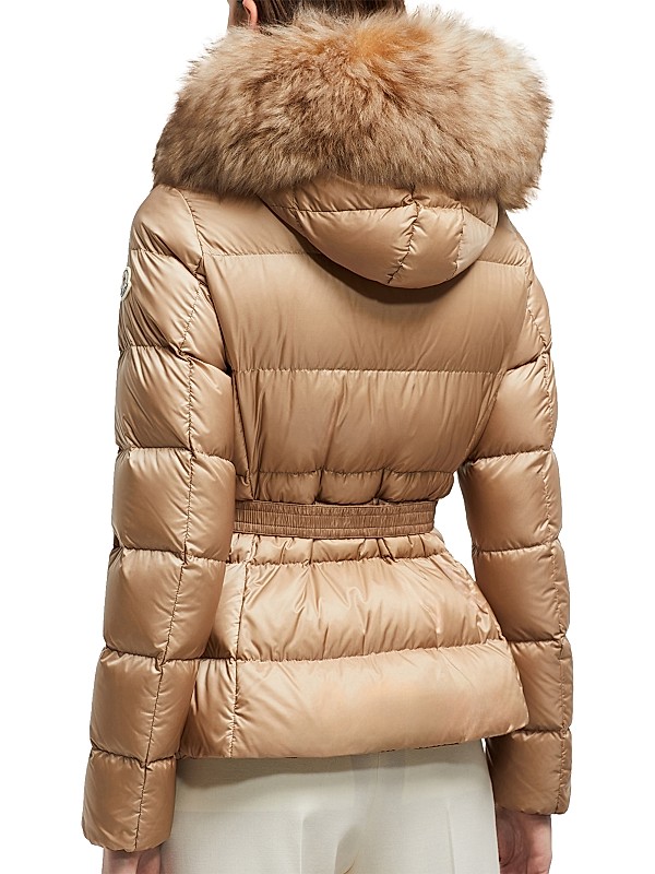Moncler Boed Belted Short Jacket with Shearling Hood Trim Moncler Boed Belted Short Jacket with Shearling Hood Trim