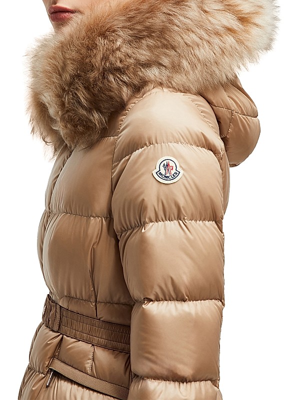 Moncler Boed Belted Short Jacket with Shearling Hood Trim Moncler Boed Belted Short Jacket with Shearling Hood Trim