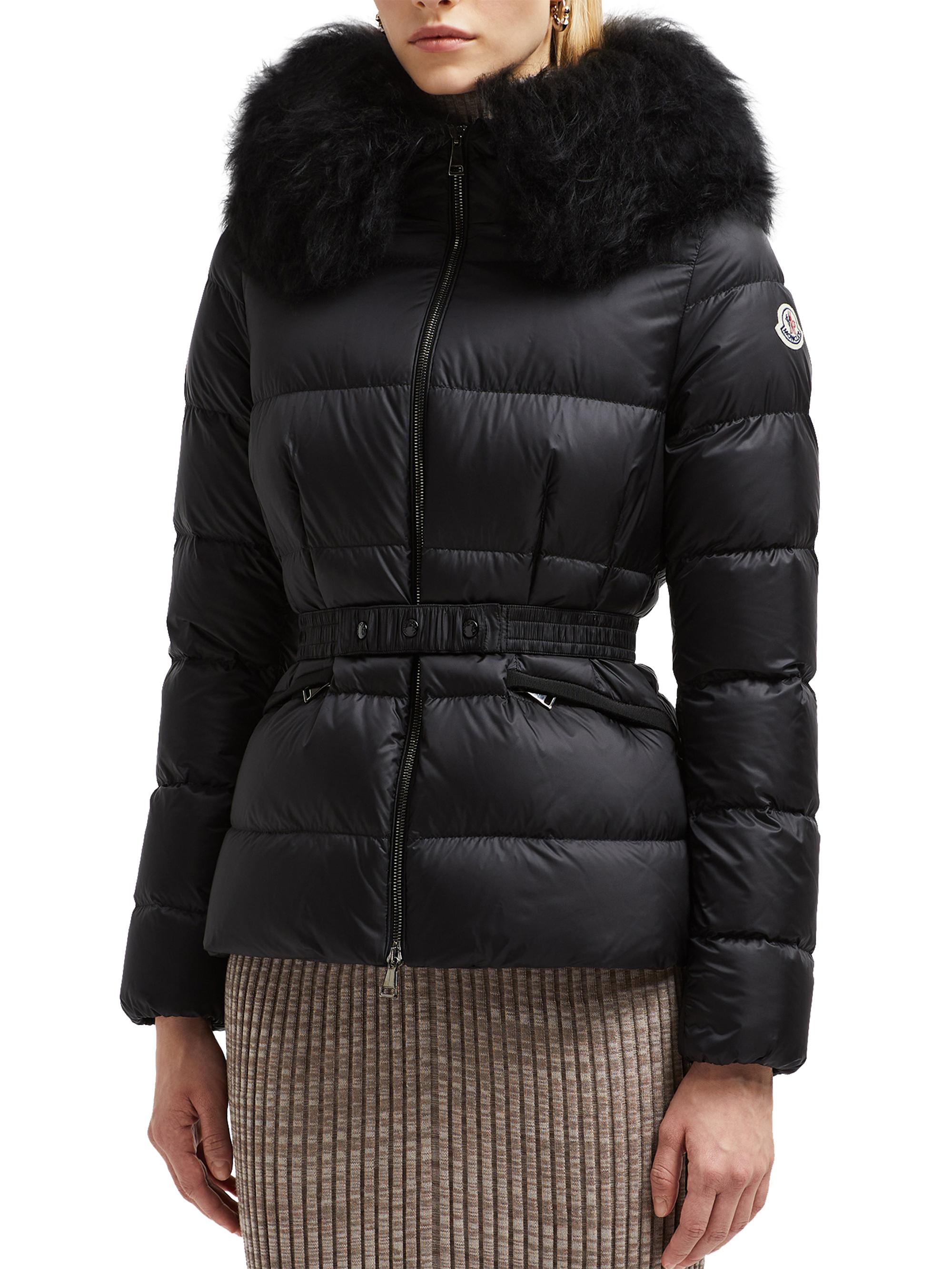 Boed Belted Short Jacket with Shearling Hood Trim