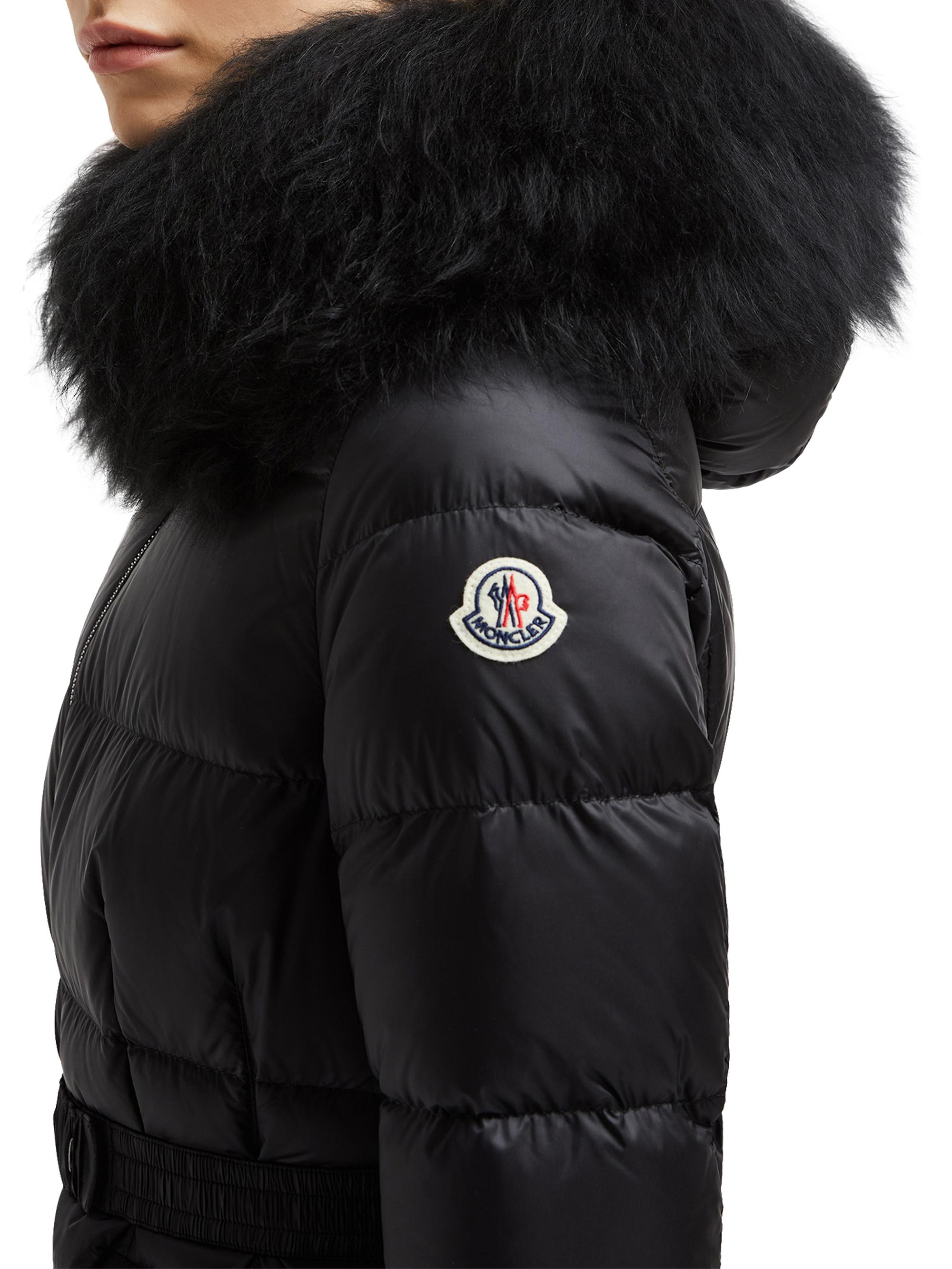 Boed Belted Short Jacket with Shearling Hood Trim