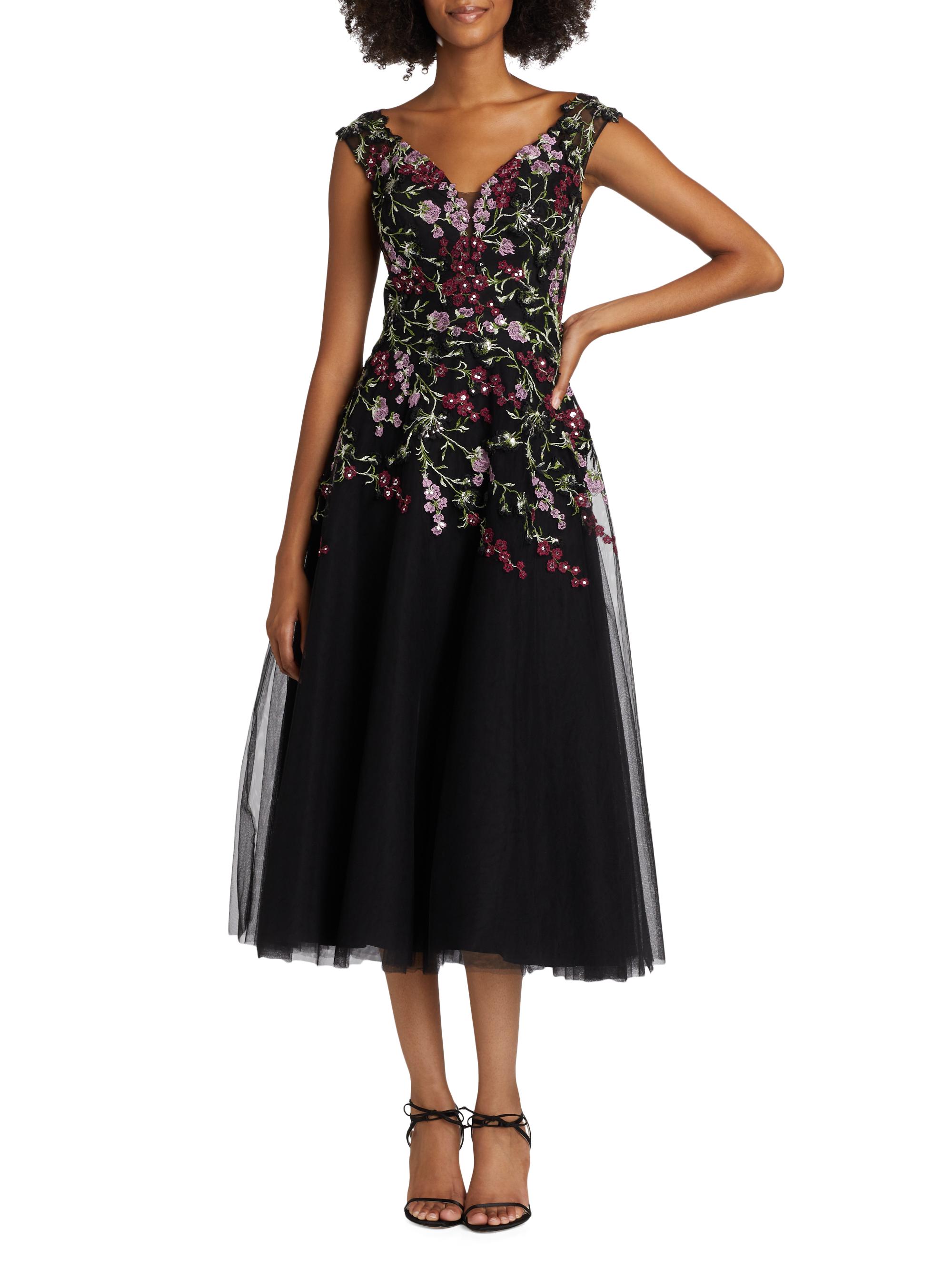 Teri Jon by Rickie Freeman Women's Embroidered Tulle Fit &Flare Midi-Dress - Black Multi - side view in Black multi